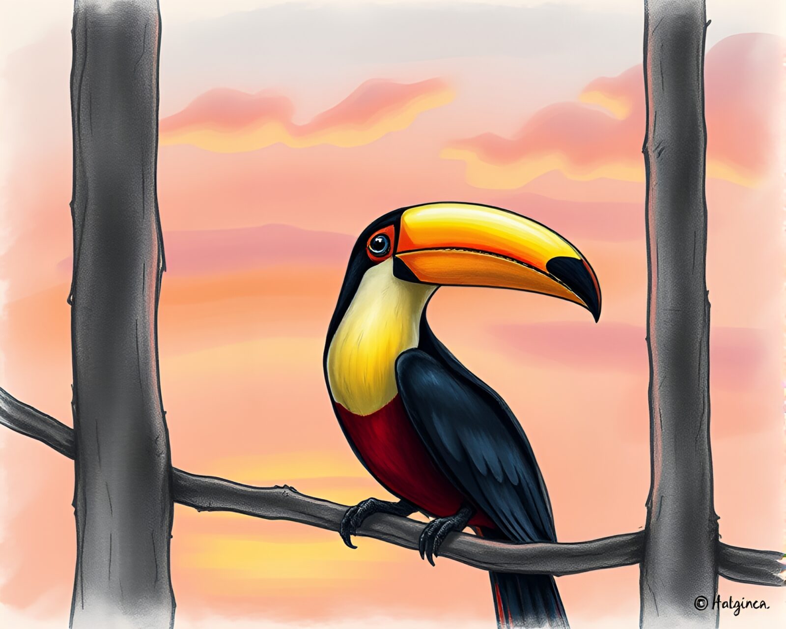 Majestic toucan in silhouette against pastel sunrise sky