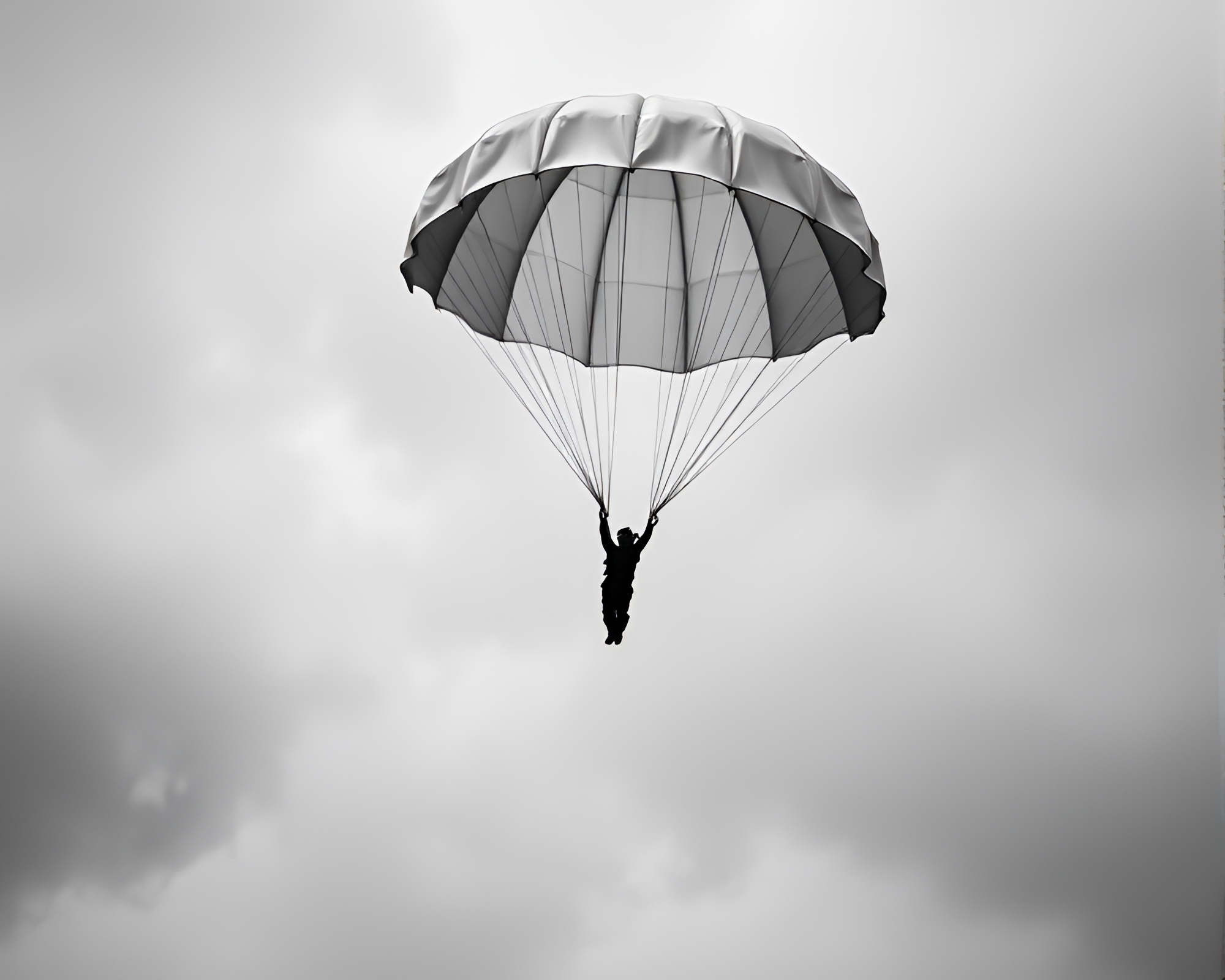 Graphite gray parachute jumper in motion blur tears – free AI stock image