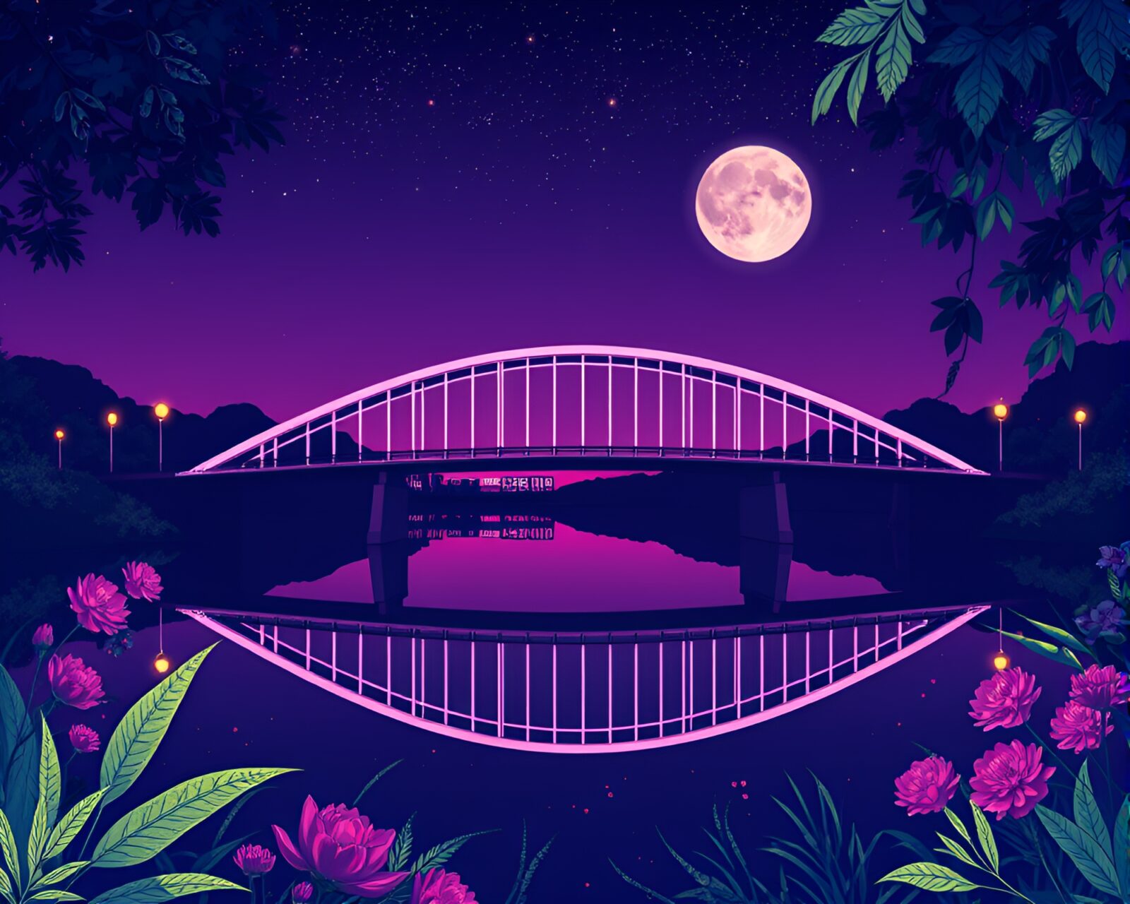 Vibrant botanical bridge silhouette reflecting ultraviolet hues, enchanting atmosphere