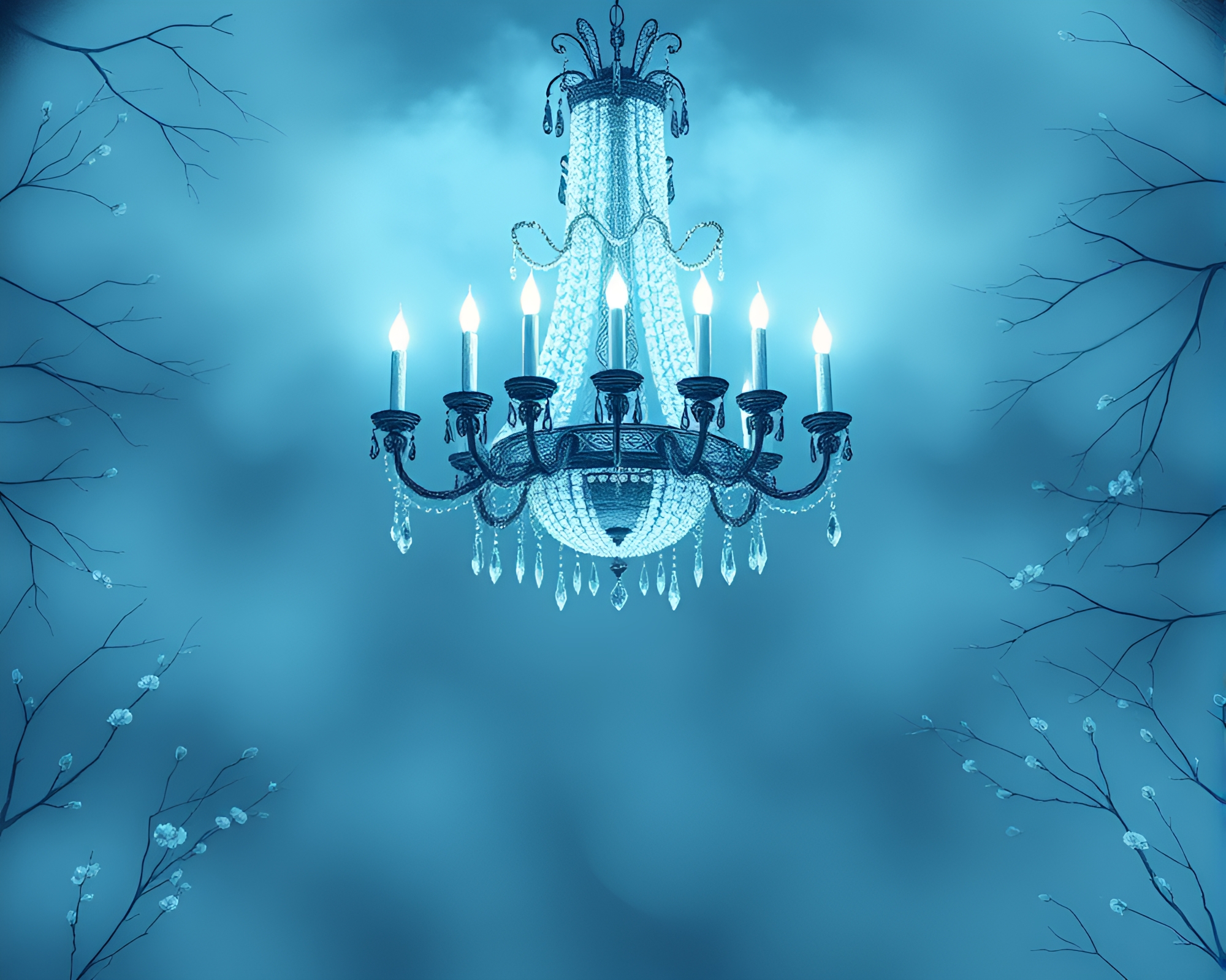 Fog Banks Surround Gothic Chandelier in Ice-Blue Glow – free AI stock image