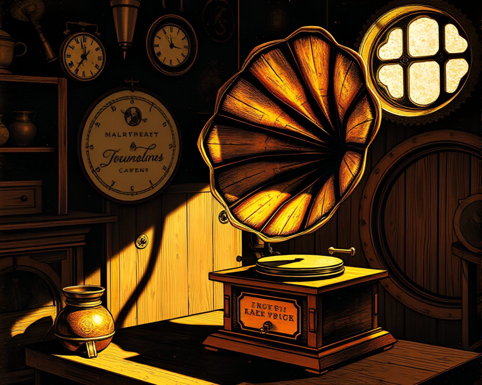 Vintage steampunk gramophone casting shadows in attic with foil stamping