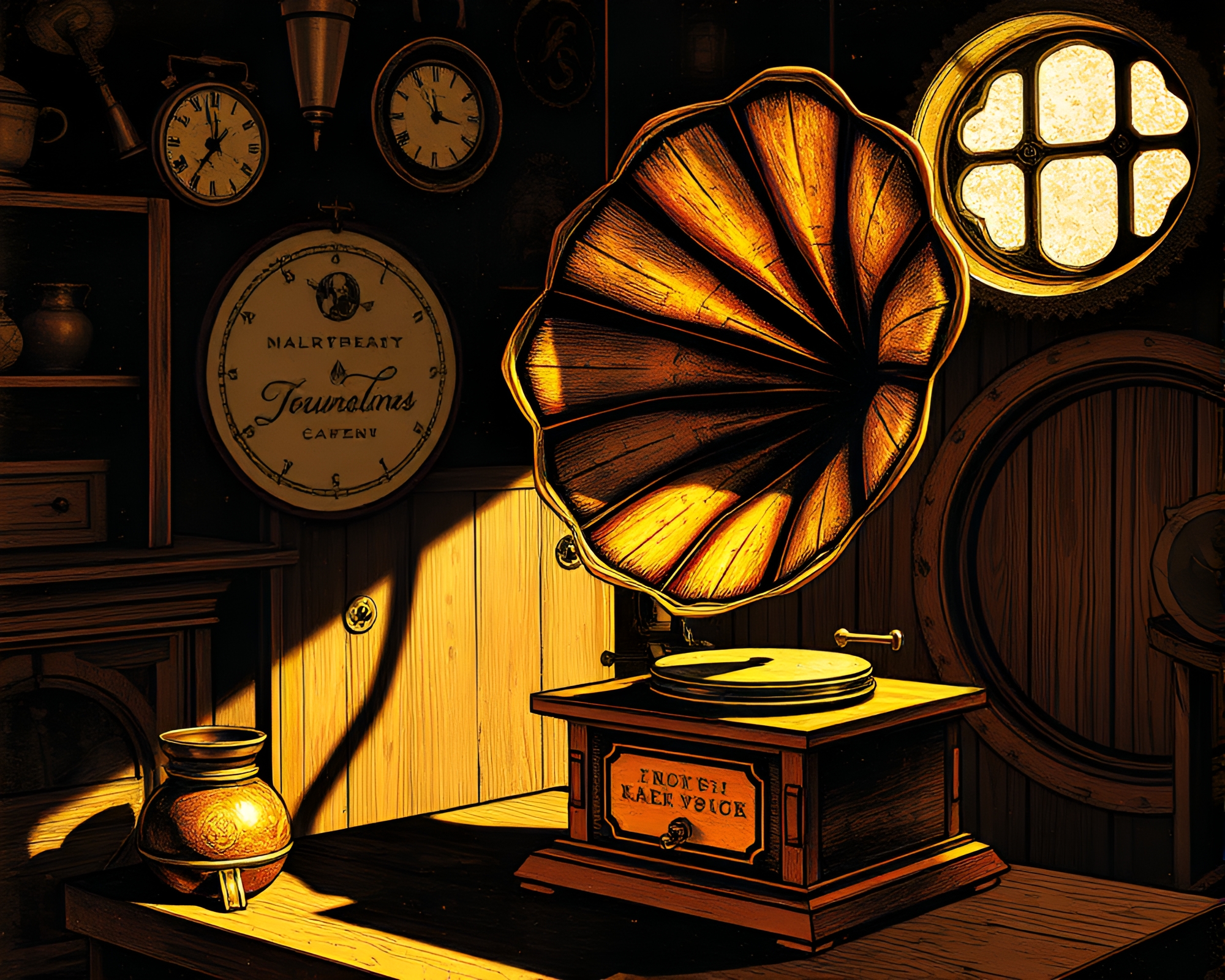 Steampunk Gramophone in Attic Shadows with Trompe-l’oeil Foil Stamping – free AI stock image