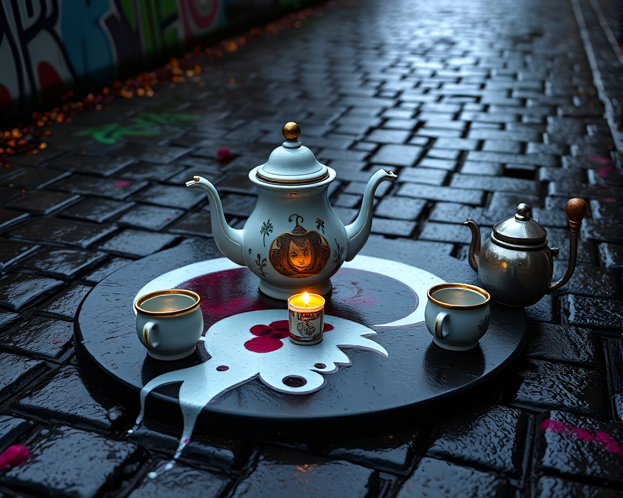 Wonderland Tea Party on Rainy Graffiti Street – free AI stock image
