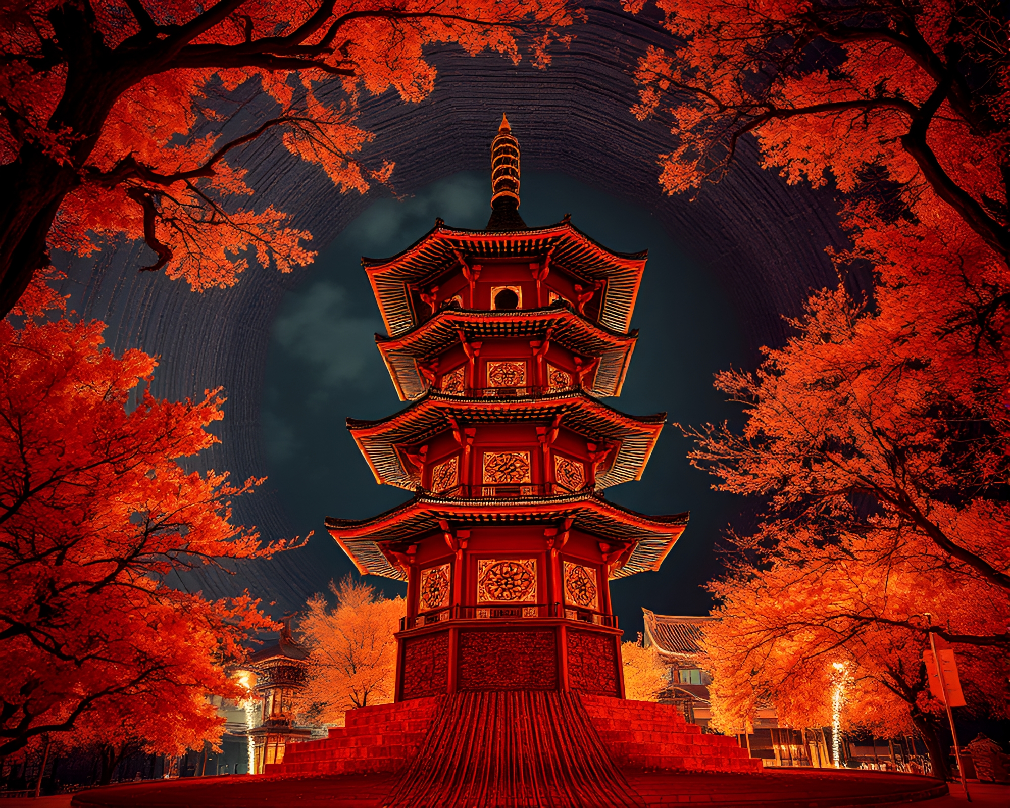 Pagoda Silhouetted in Festival Fireworks Glow – free AI stock image