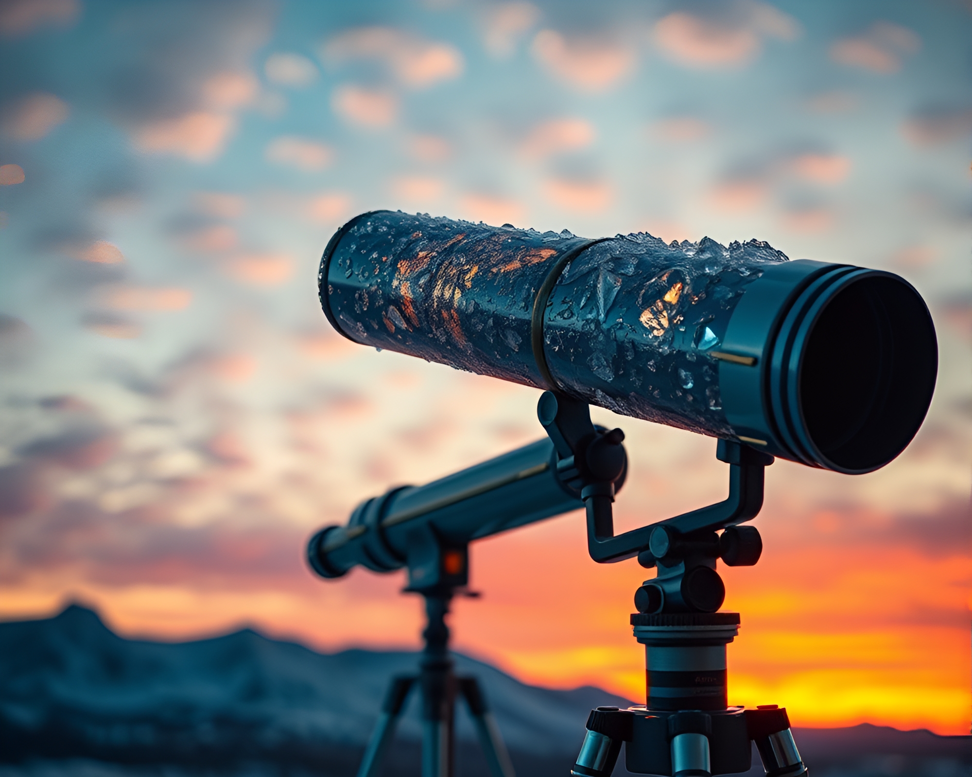 Vintage telescope reflecting ice crystals under sunset dye – free AI stock image