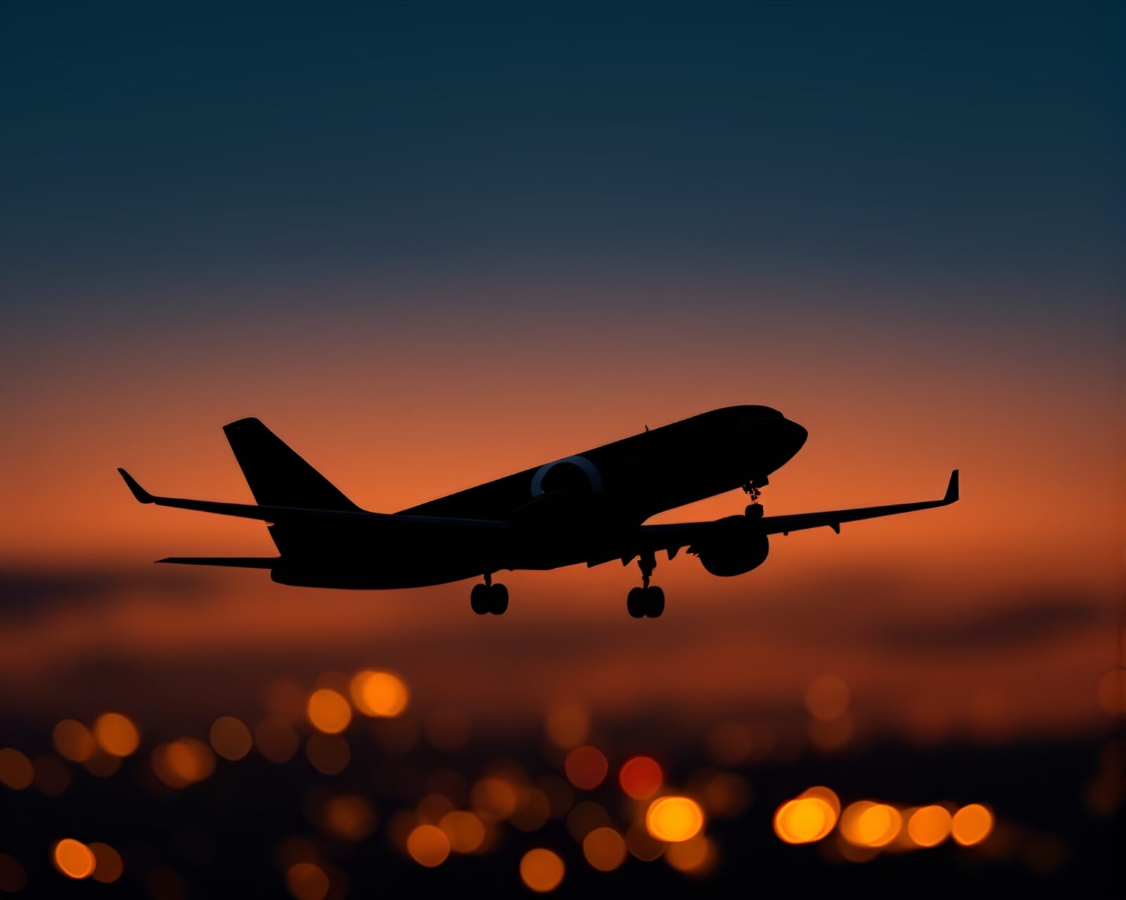 Shallow depth of field image of an airplane silhouette at sunset