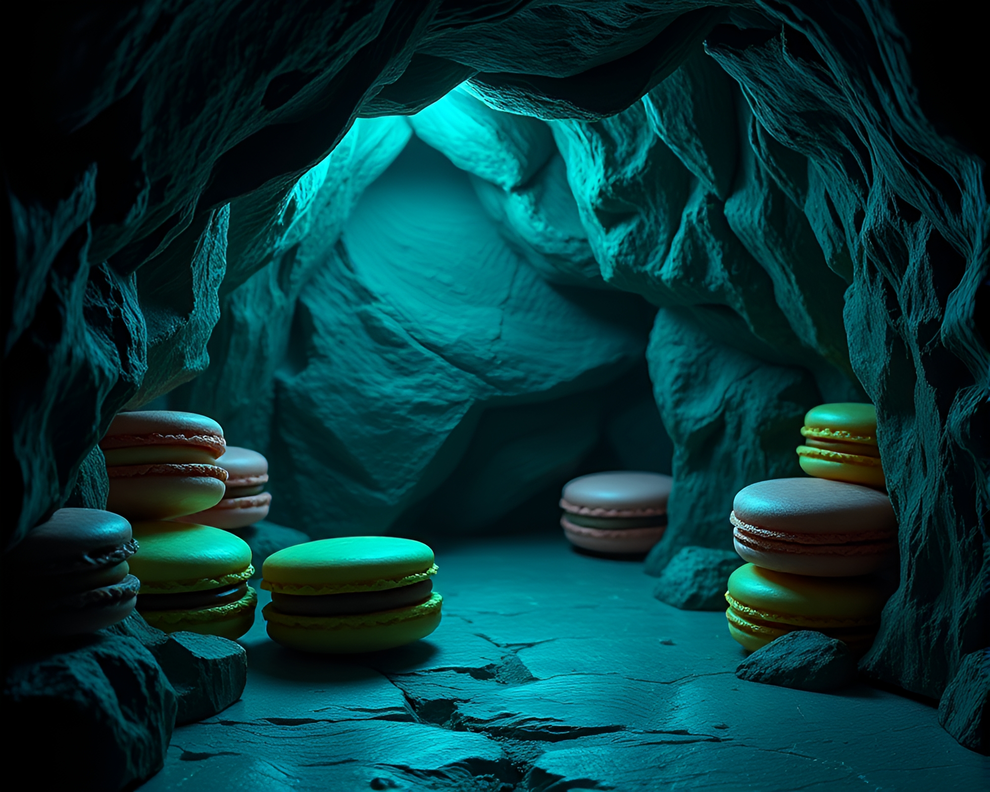 Neon-lit Cave Entrance with Macaron Assortment Depth Layering – free AI stock image