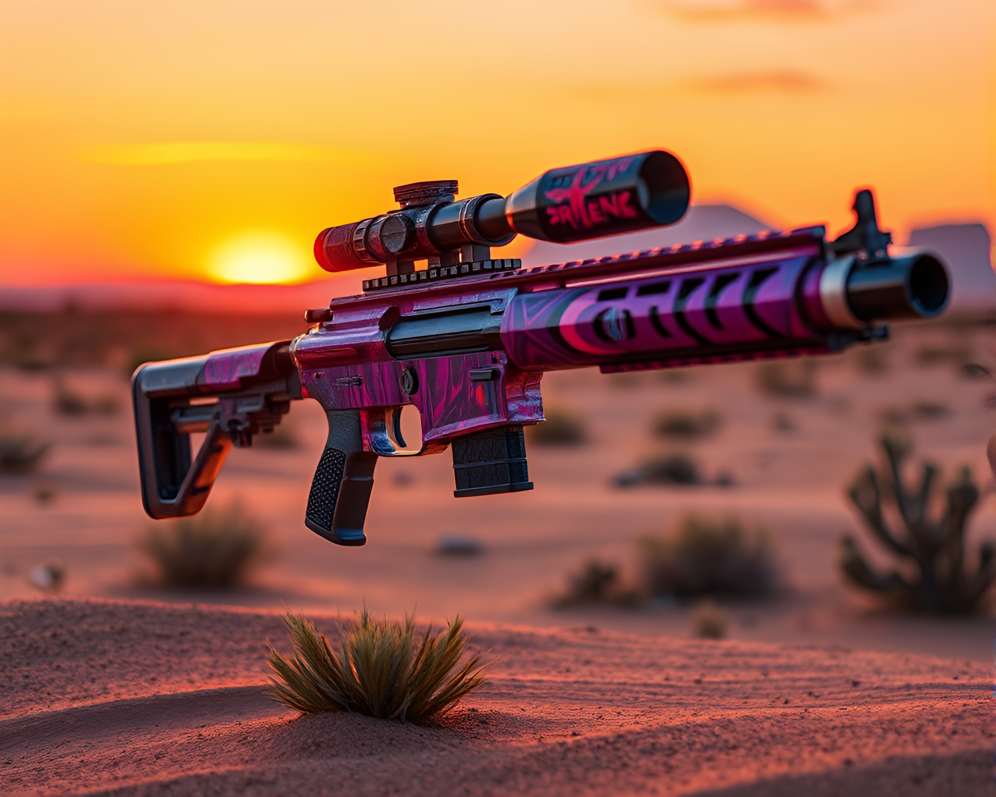 Desert Sunset Plasma Rifle Artistic Composition – free AI stock image