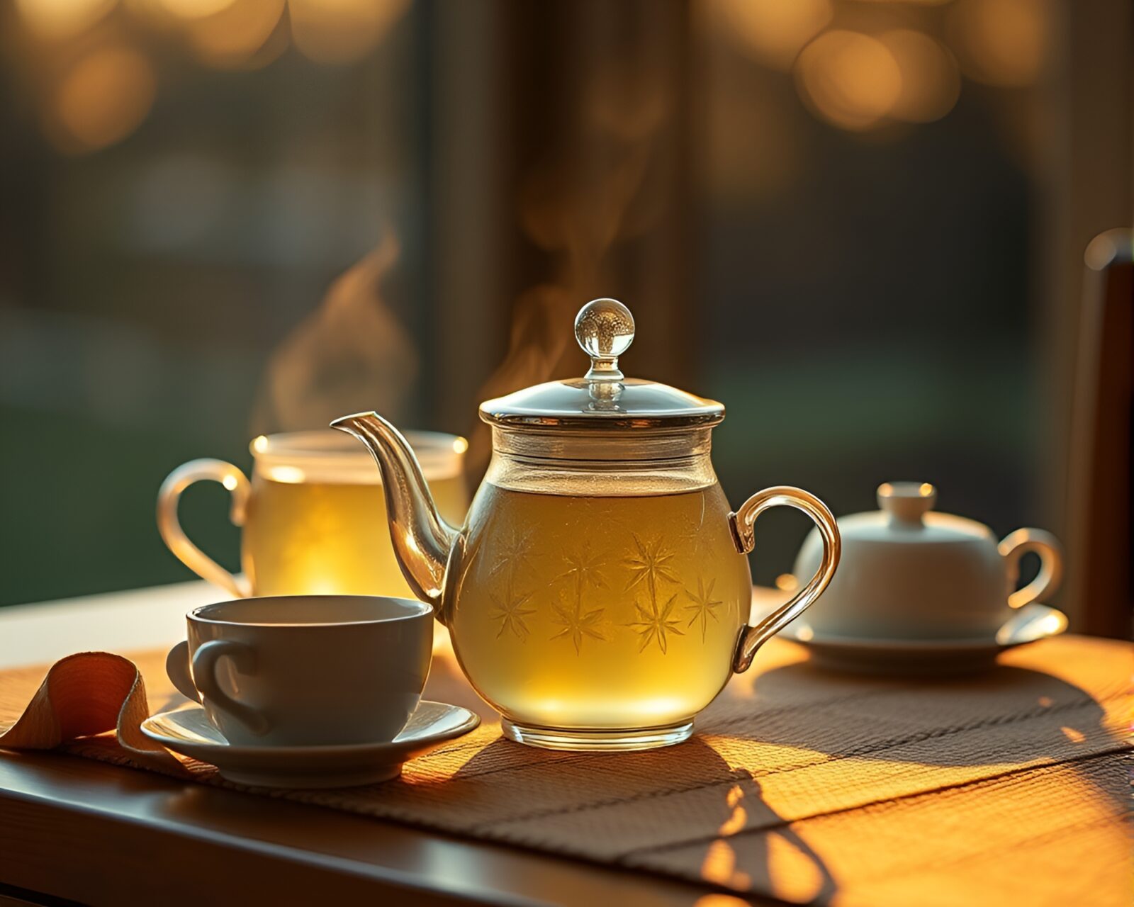 Medium shot of elegant tea set bathed in warm, golden light