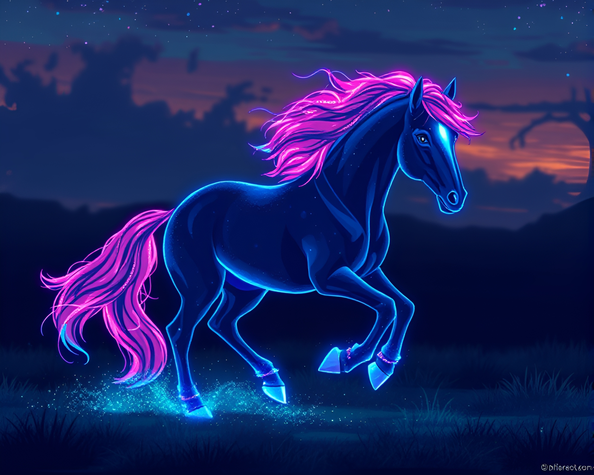 Bioluminescent Wild Stallion Pixelation: Concept Art Beauty – free AI stock image