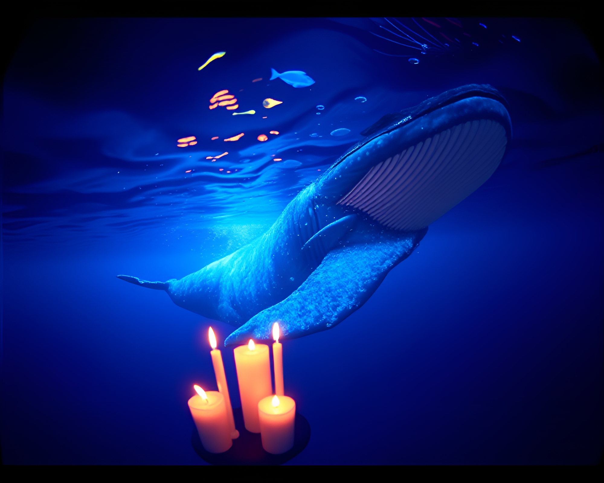 Whale swimming in candlelit fisheye ocean – free AI stock image