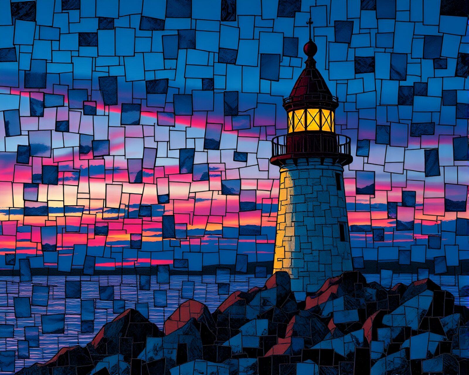 Lighthouse in twilight, mosaic pattern with calligraphy overlay