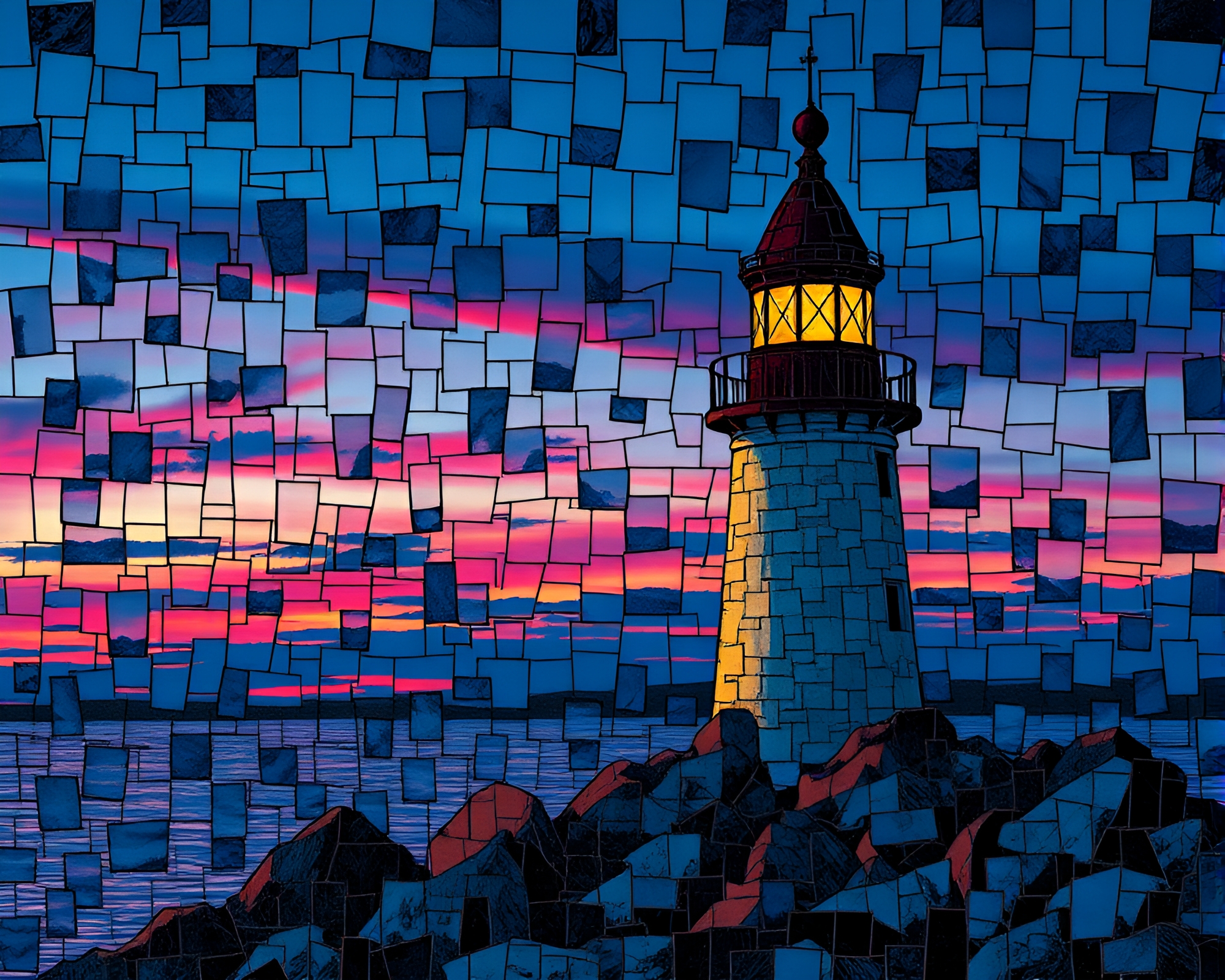 Fragmented Mosaic Lighthouse at Dusk with Calligraphic Touch – free AI stock image