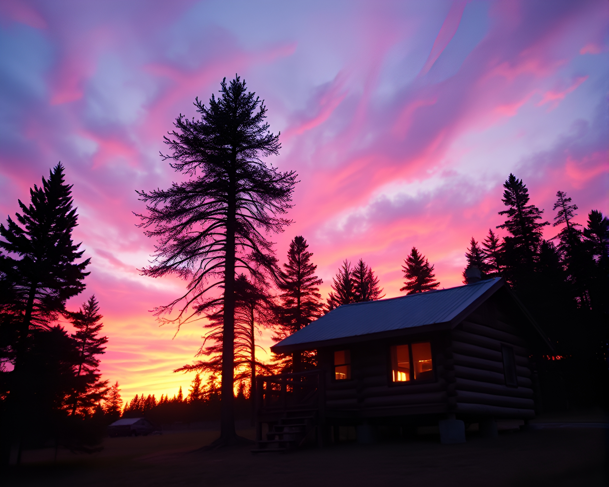 Spiral Sunset at Rustic 80s Cabin Retreat – free AI stock image