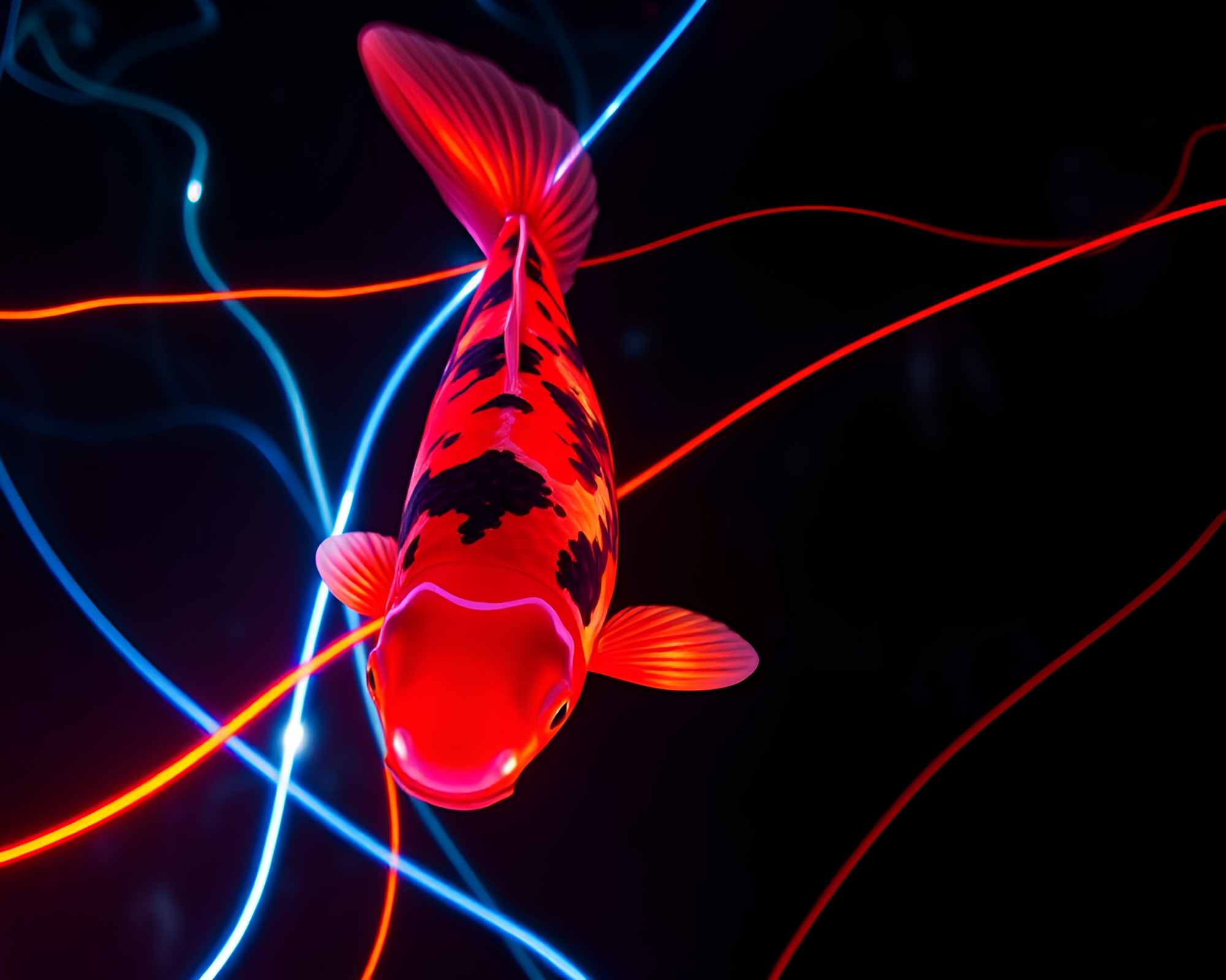 Koi Fish Swimming through Neon Light Trails – free AI stock image