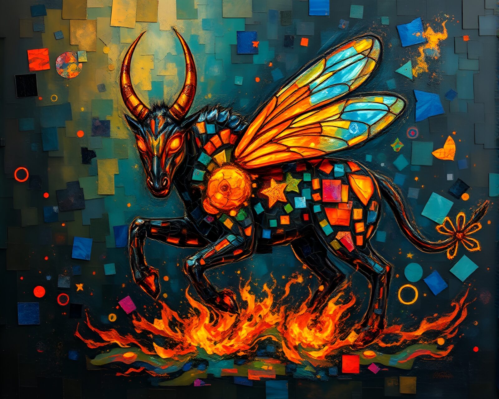 Fragmented mosaic painting of Minotaur in firefly luminescence