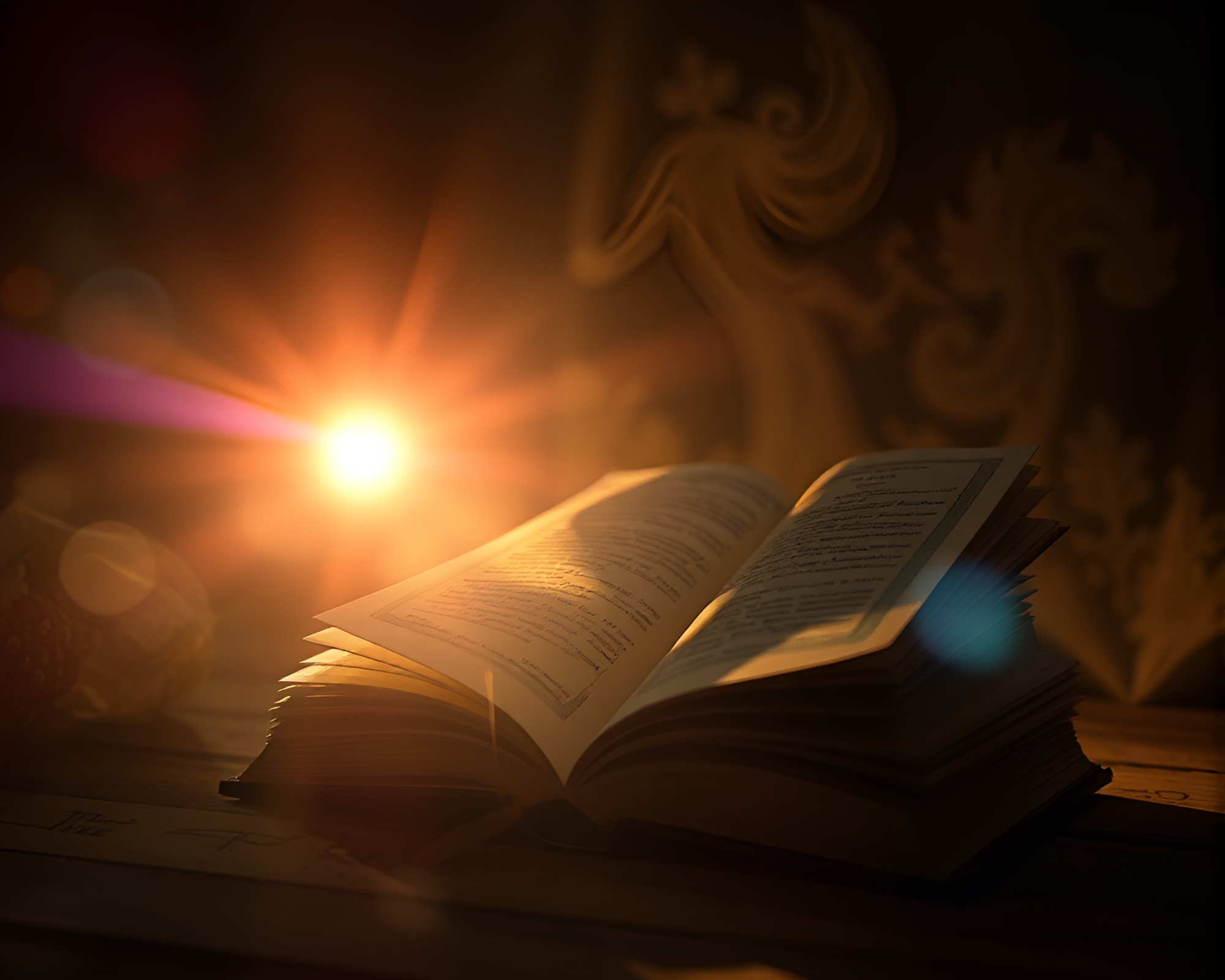 Ethereal lens flare illuminates Edgar Allan Poe book scene – free AI stock image