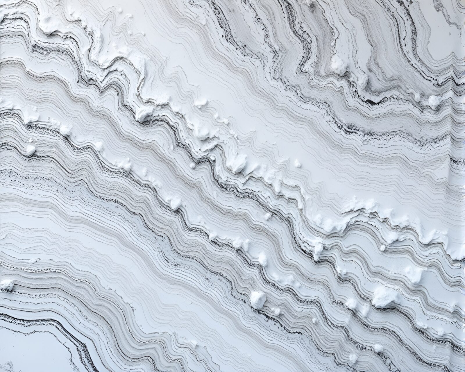 Grisaille-style 3D art of snow-touched marble statue with impasto texture