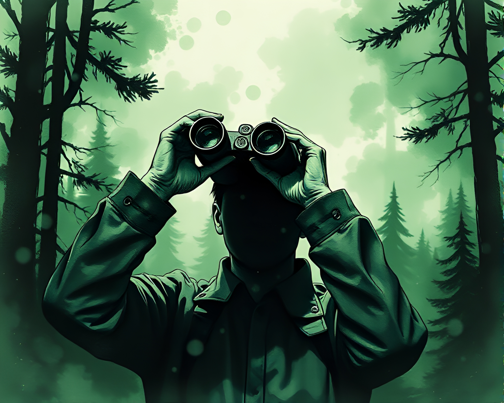 Enchanting Forest Binoculars: Shadow Play in Ink Wash – free AI stock image