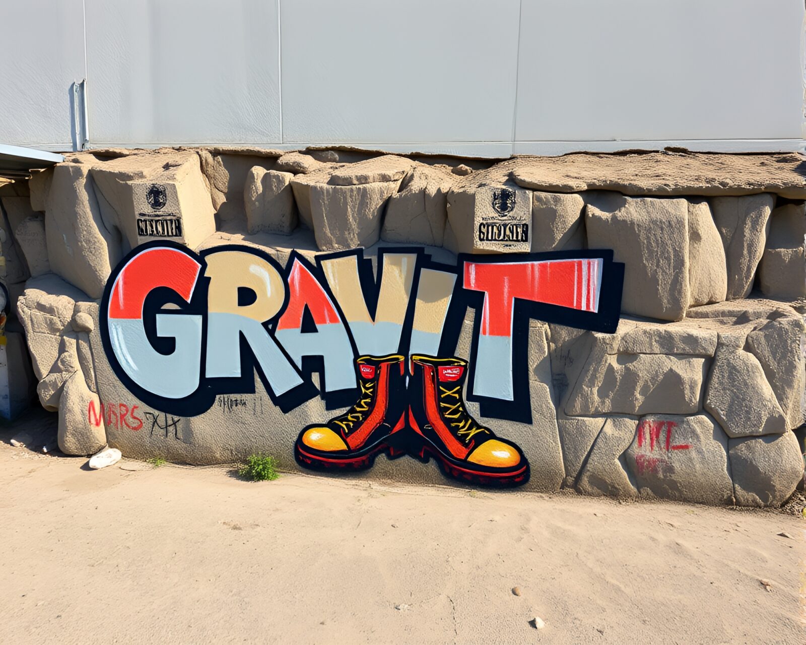 Shadowy mural of gravity boots on cliffside path