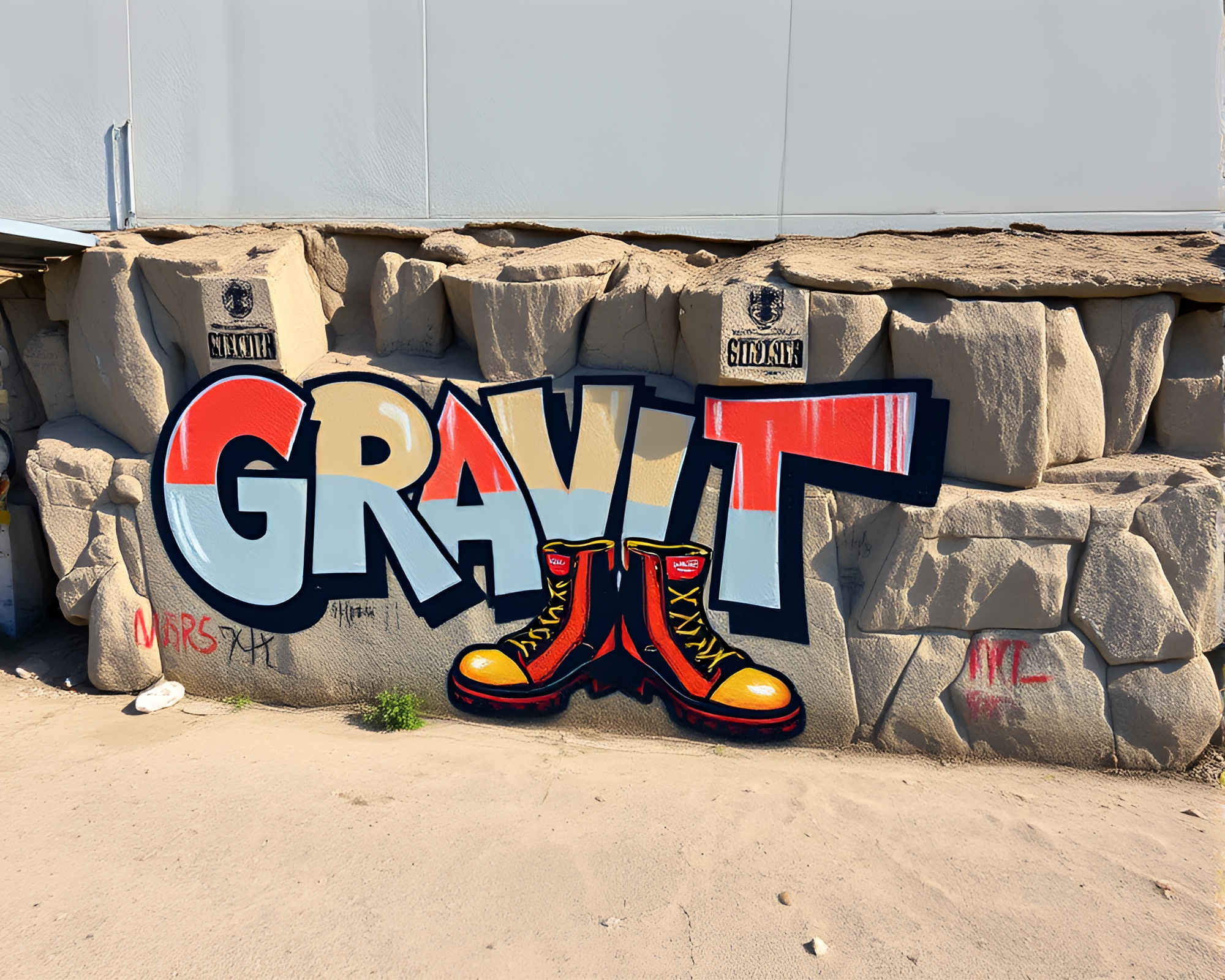 Gravity Boots Mural Graffiti on Cliffside Path – free AI stock image