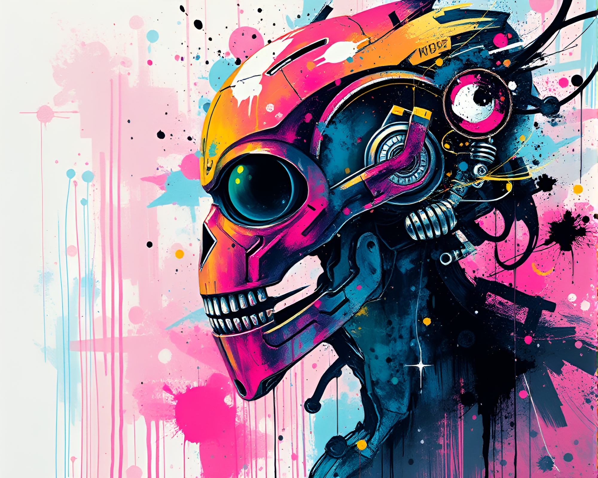 Cyborg in Calligraphy Steam Vapor with Paint Splatter – free AI stock image