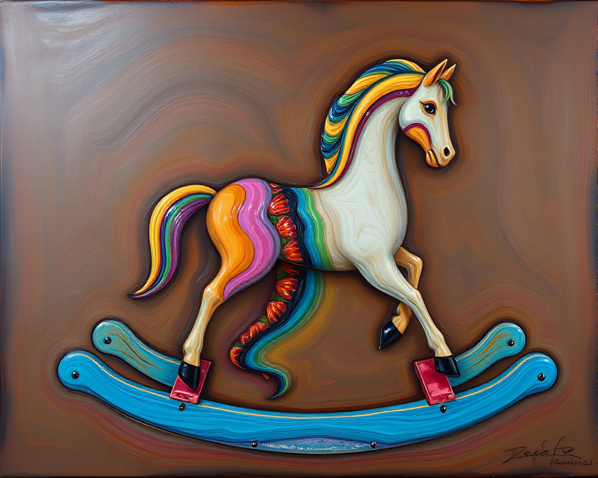 Encaustic Oil Slick Rainbow Wooden Rocking Horse – free AI stock image