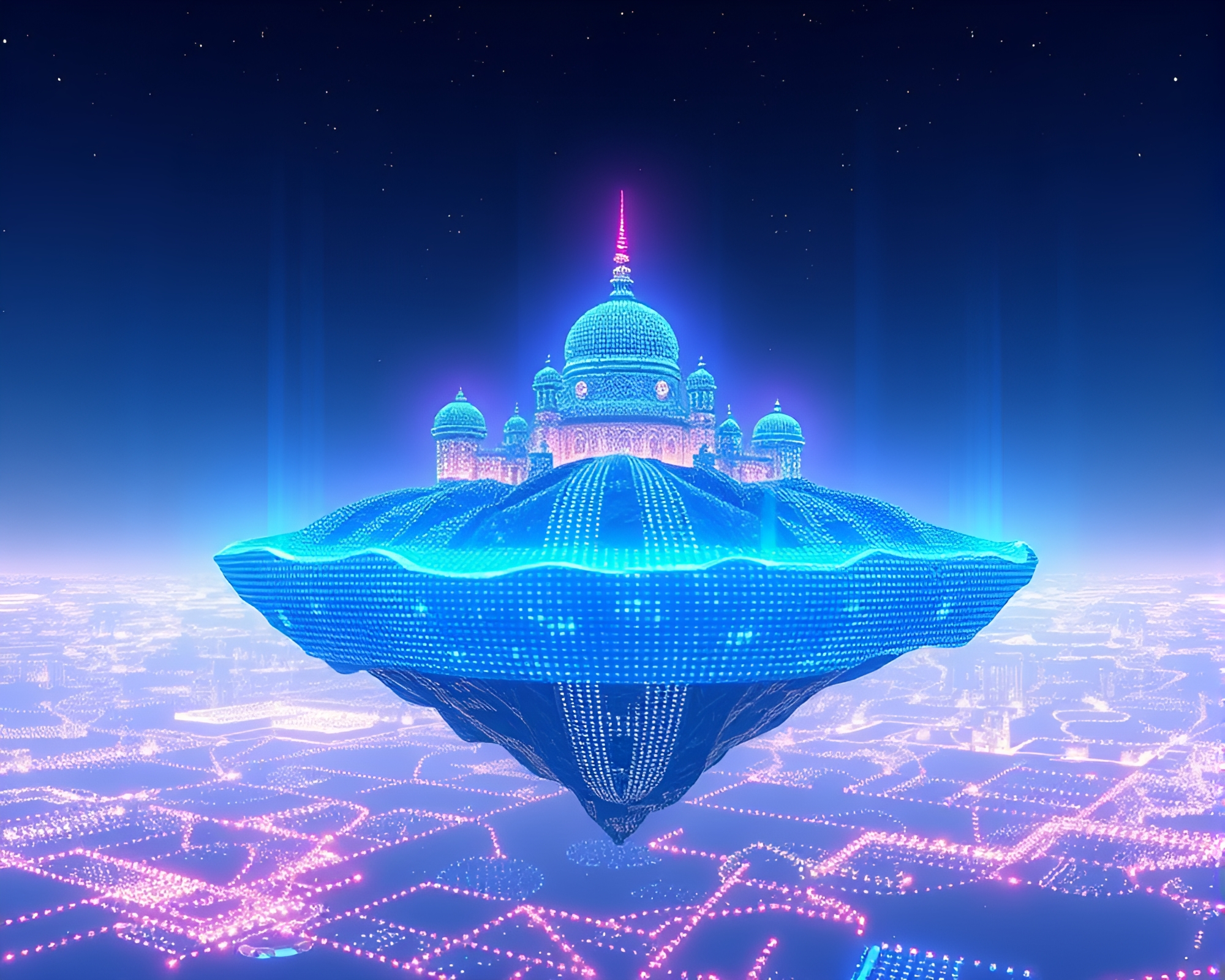 Anime-style Floating Island with LED Pixel Grid – free AI stock image
