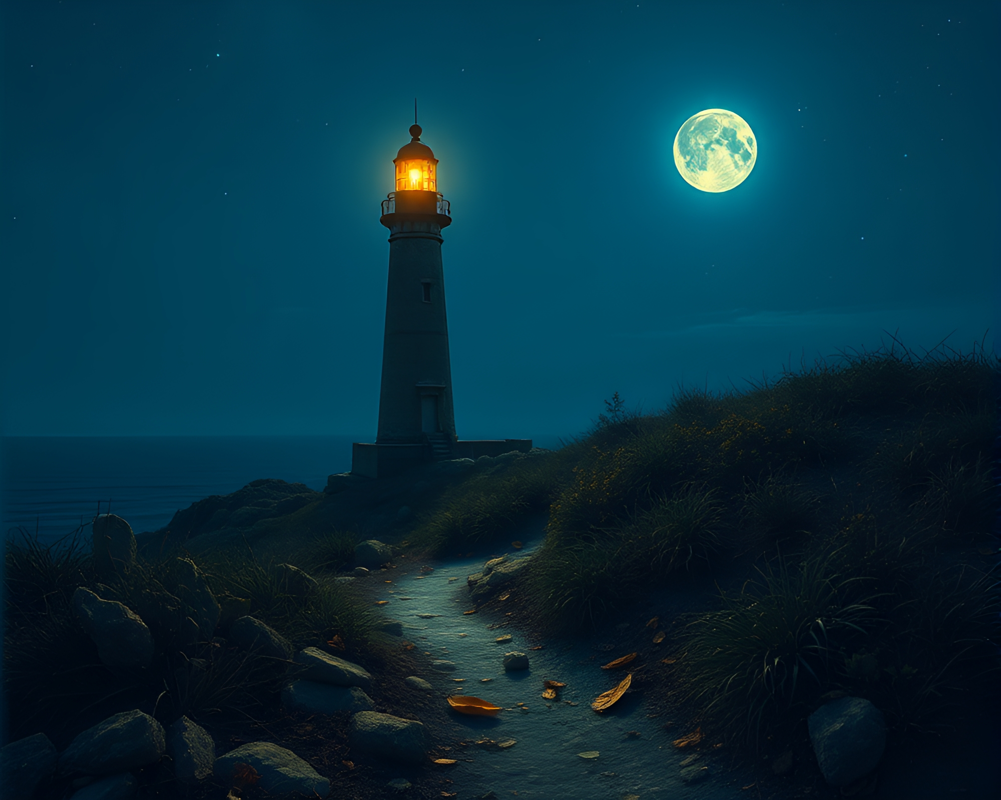 Moonlit Lighthouse Illuminating Leaf Litter Algorithmic Art – free AI stock image