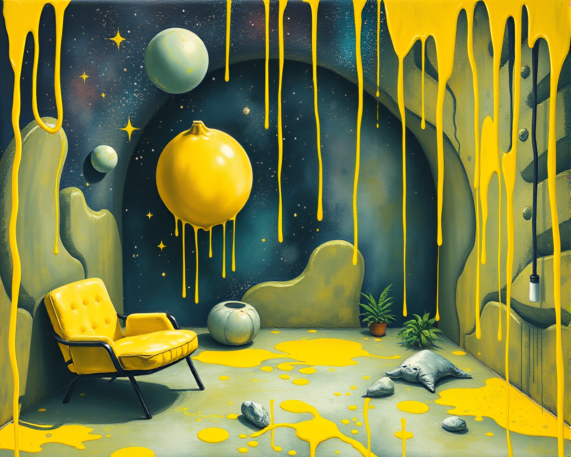 Lemon Yellow Space Habitat with Spray Paint Drips – free AI stock image