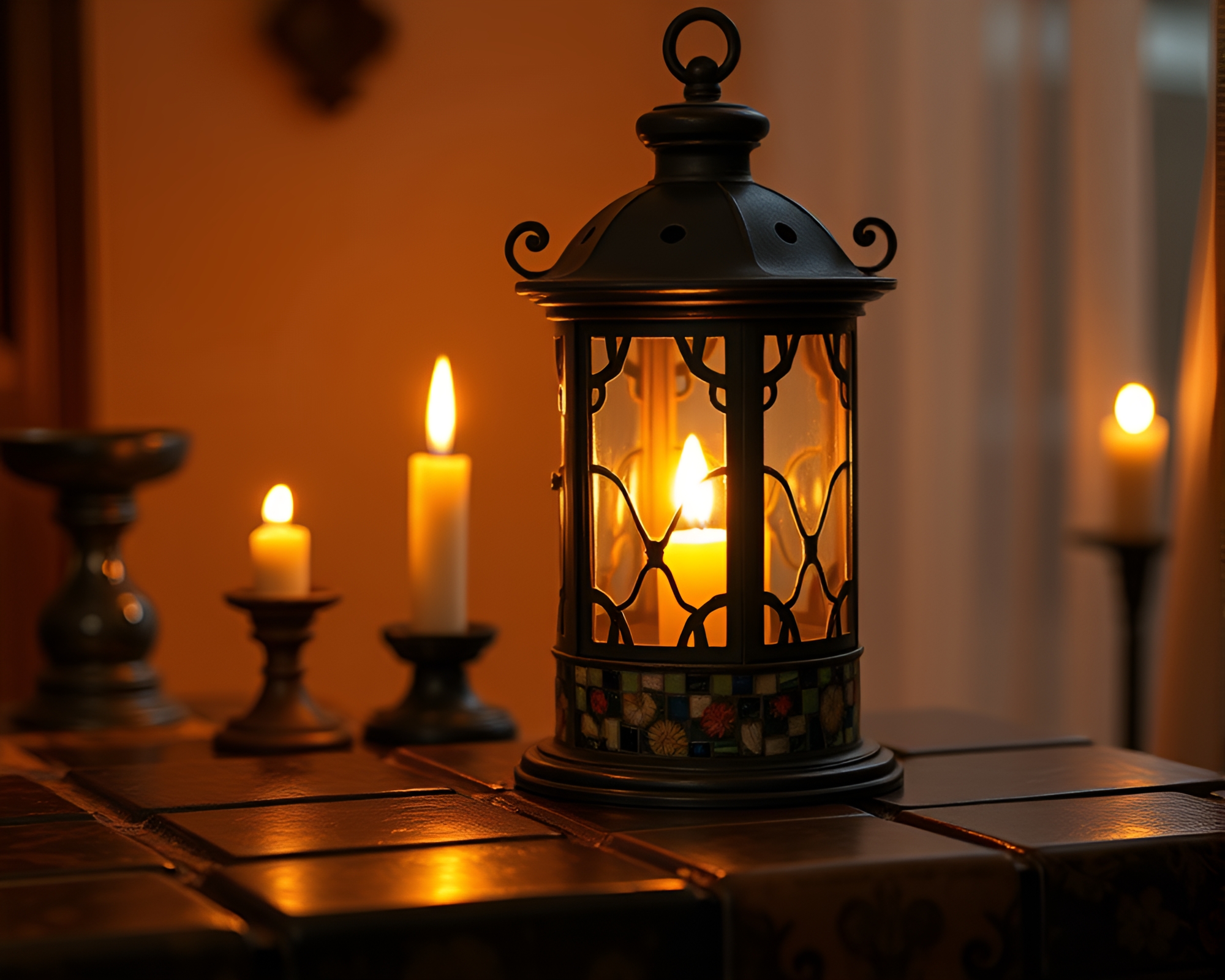 Elegant Bracelet Tiled Mosaic Scene in Candlelit Library – free AI stock image