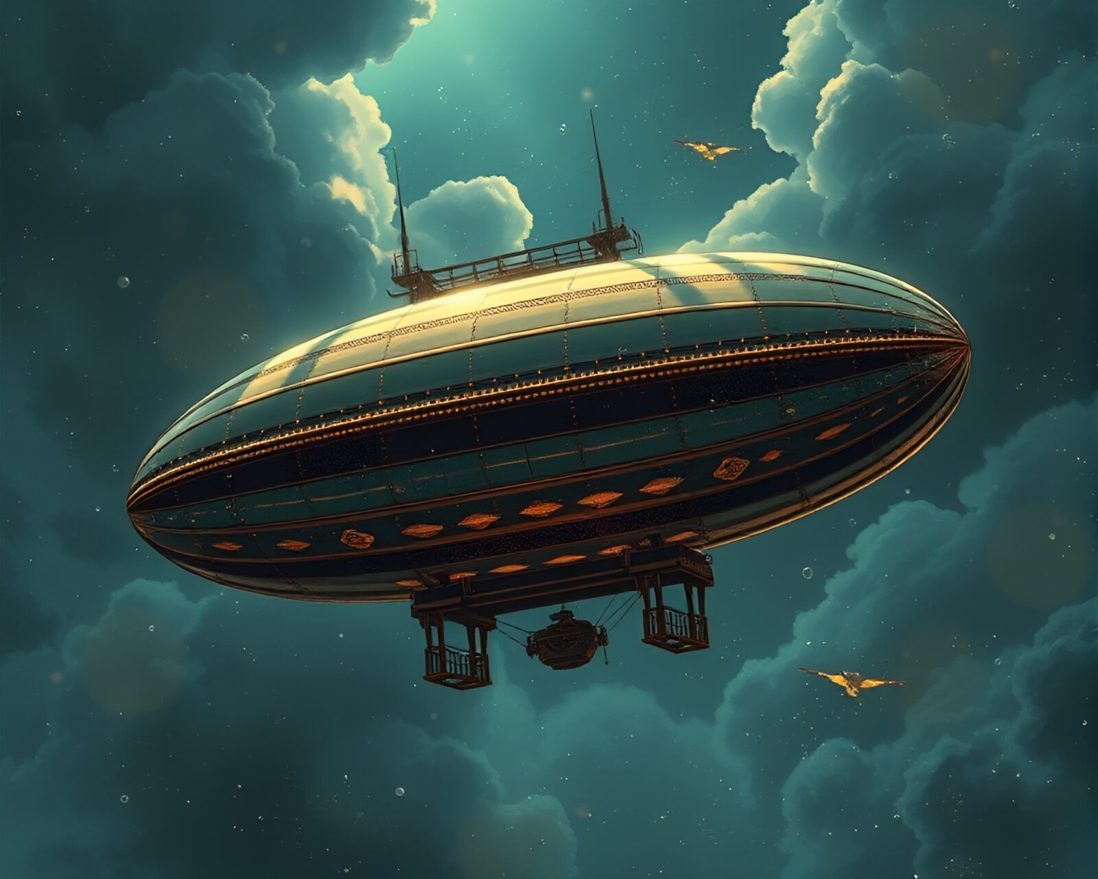 Off-center bronze zeppelin in anime style sky