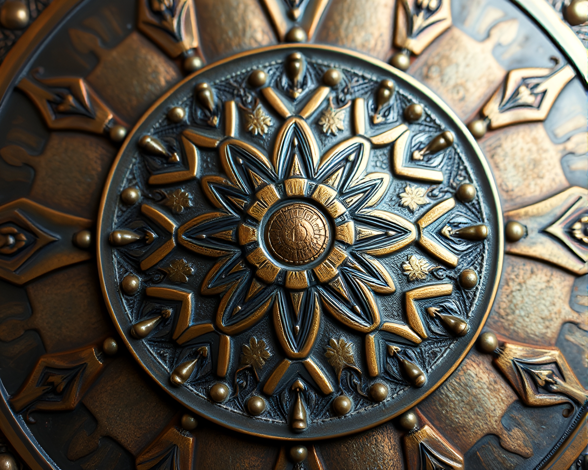 Bronze Patina Shield in Kaleidoscope Spectrum – free AI stock image