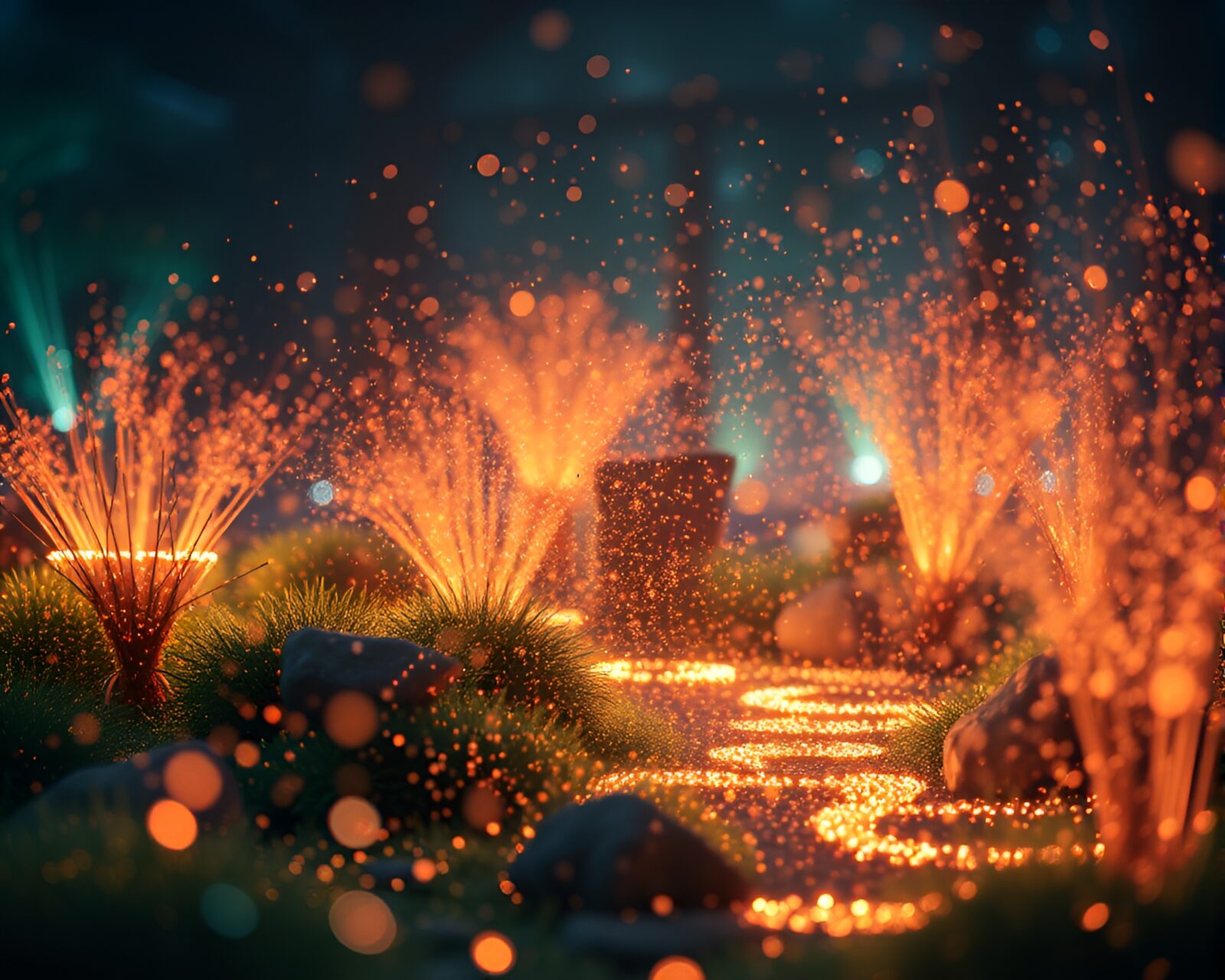 Tranquil Zen garden with glowing fiber optics in graphic novel style
