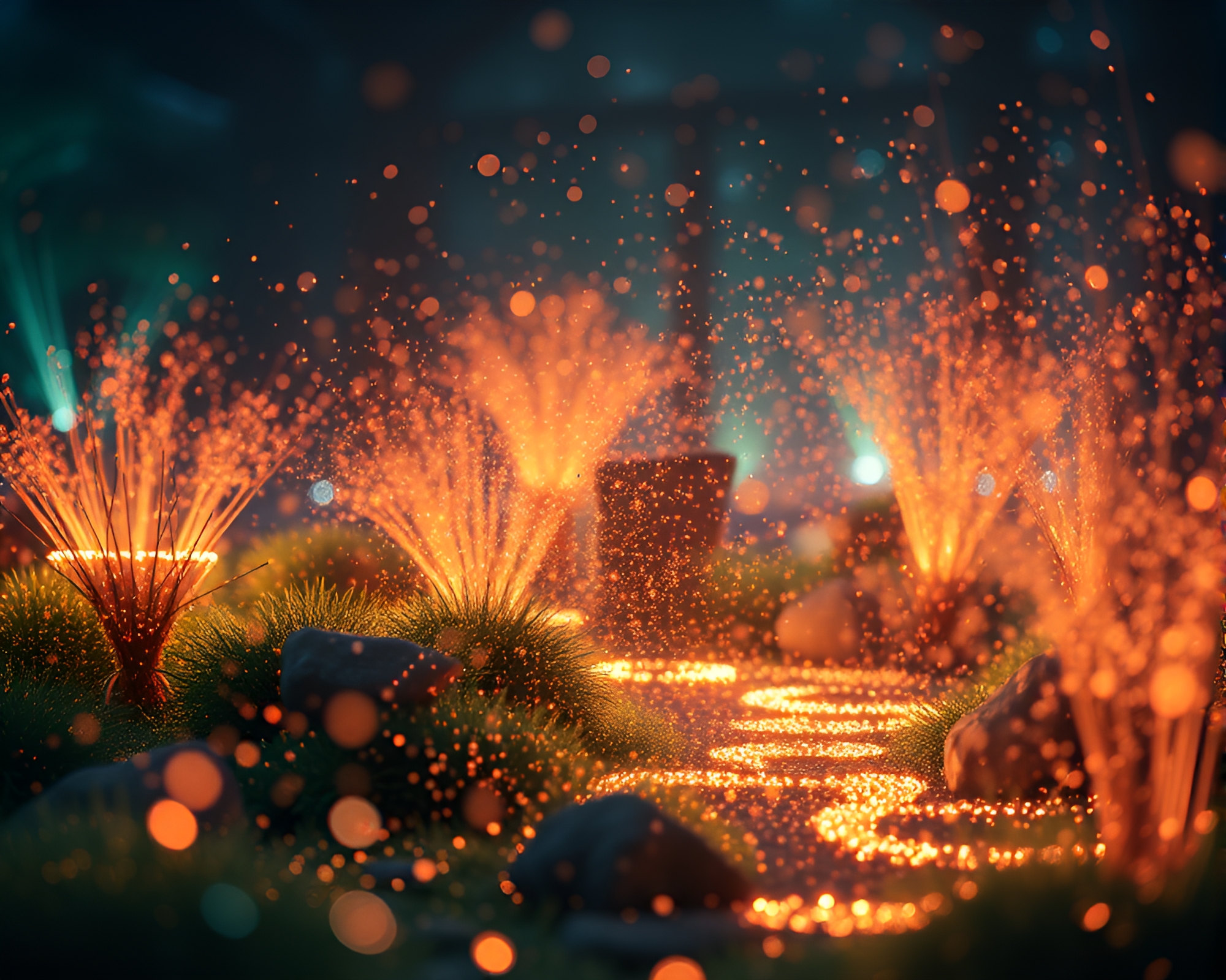 Zen Garden Fiber Optics Illuminate Graphic Novel Scene – free AI stock image