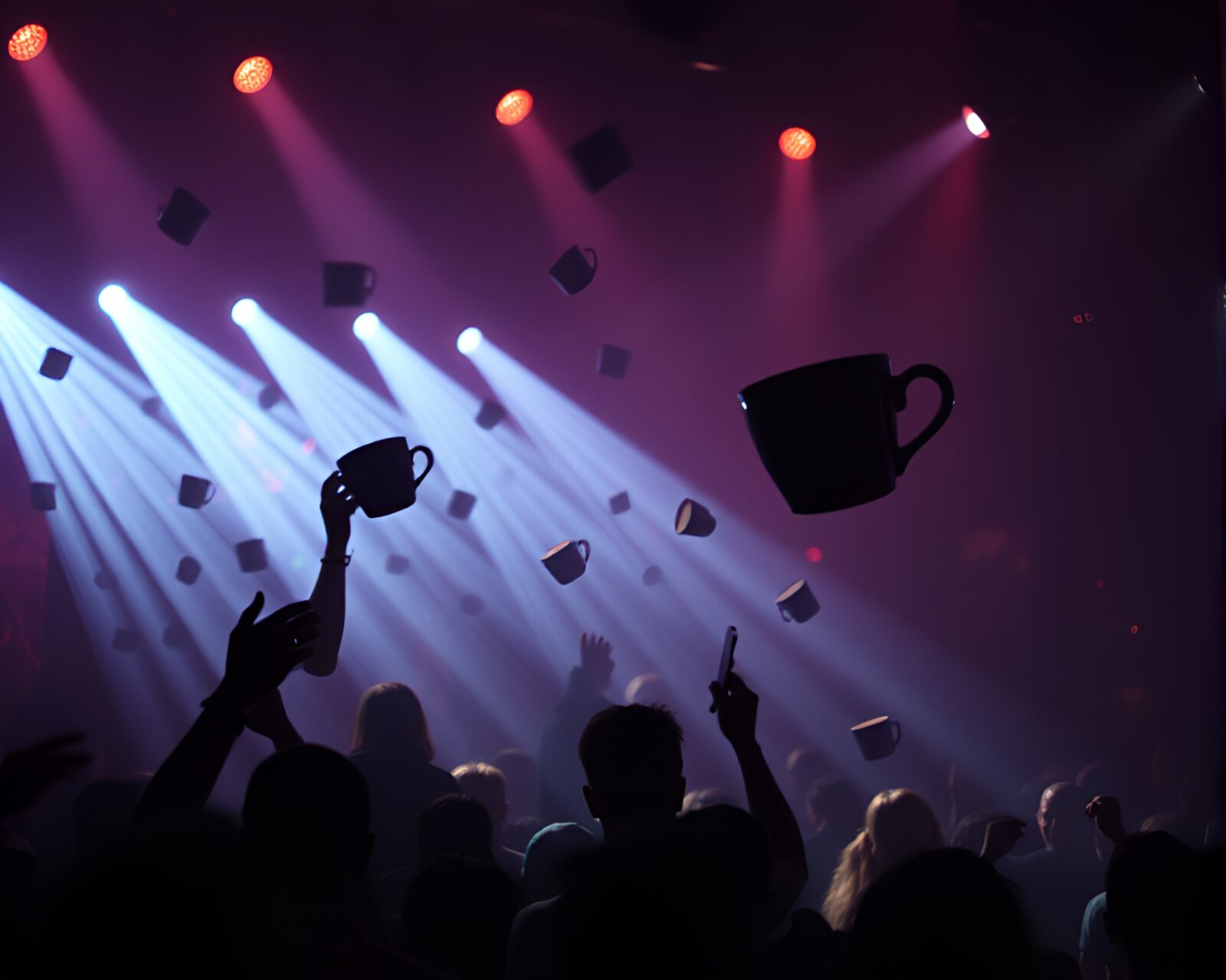 Glowing silhouettes among strobe-lit club, holding levitating tea cup