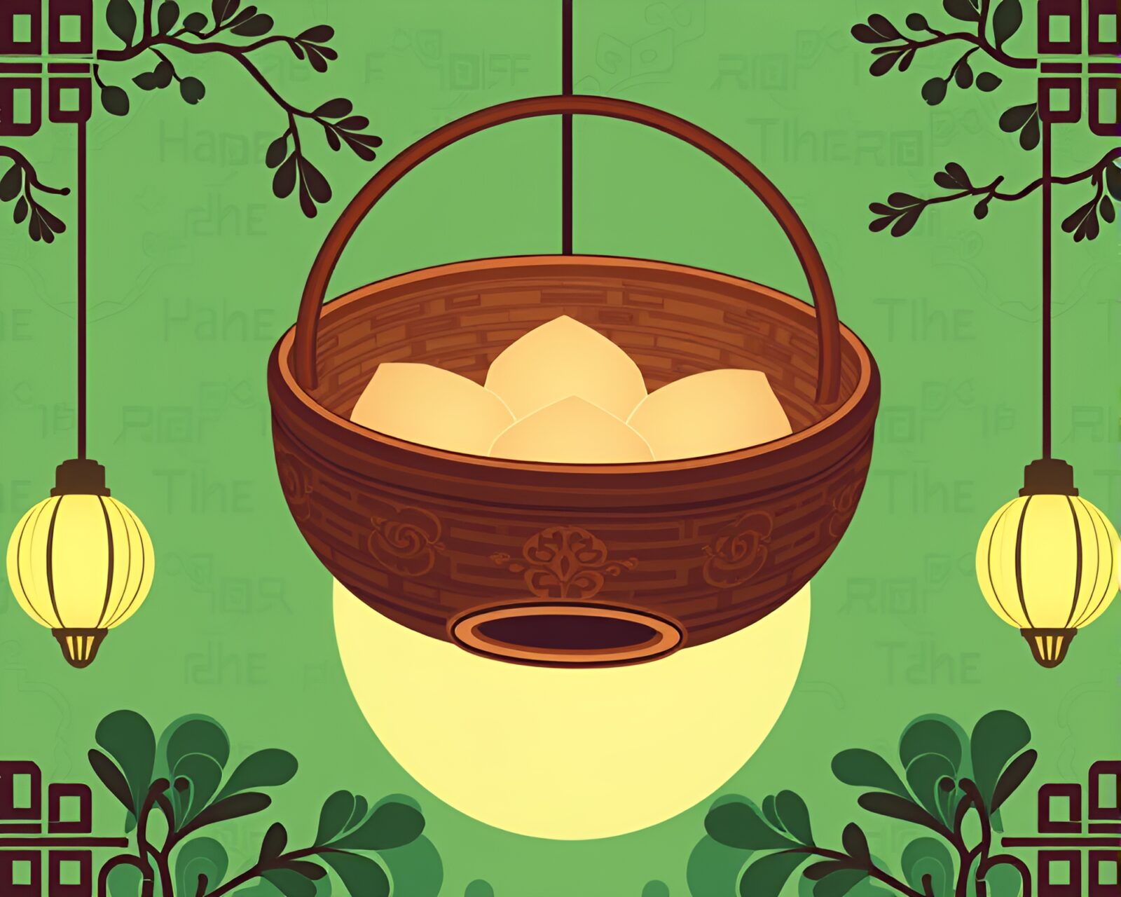 Anime illustration of dim sum basket amidst intricate forest-green designs