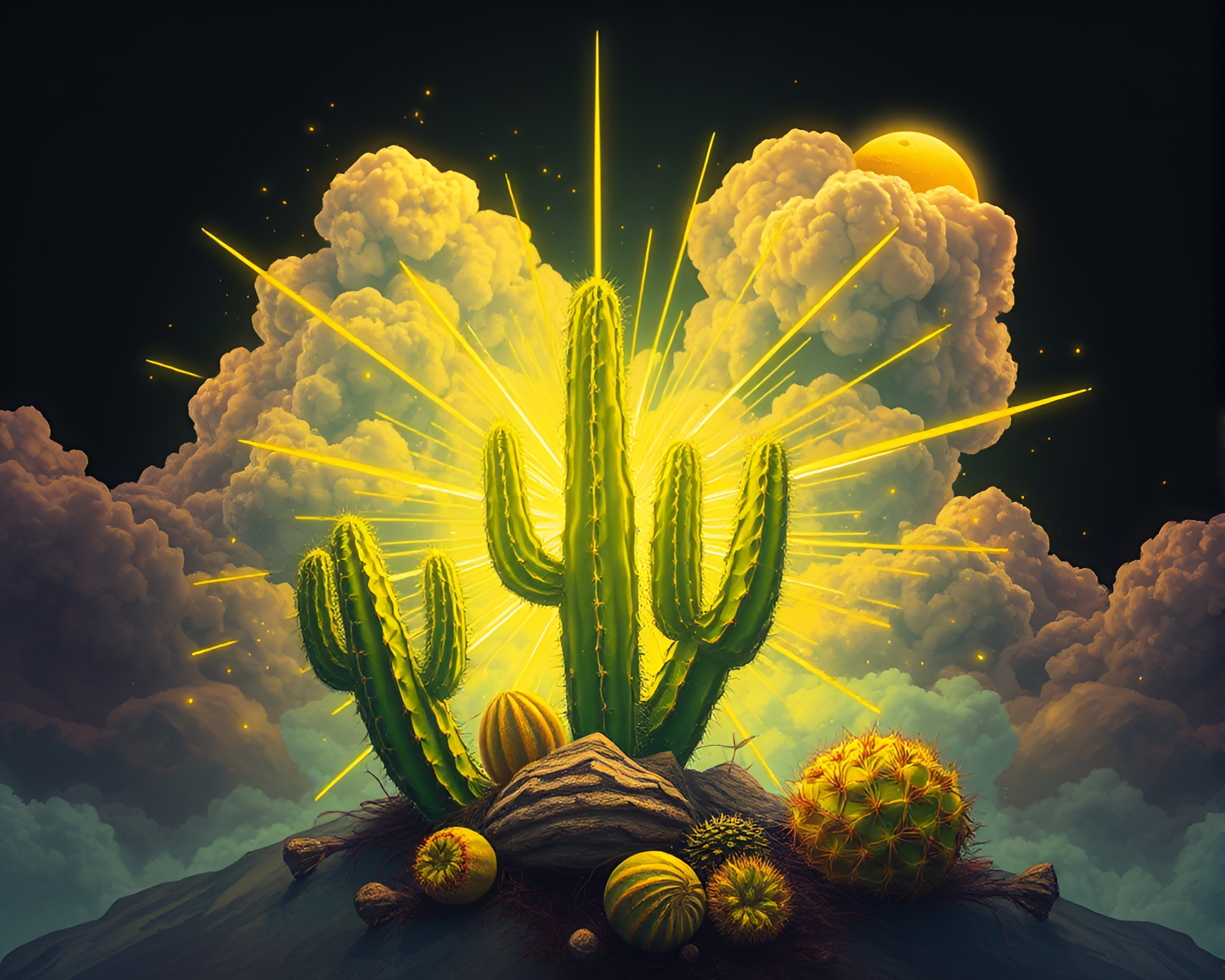 Neon Cactus Explosion Cloud in Lemon Yellow Zing Fantasy Illustration – free AI stock image