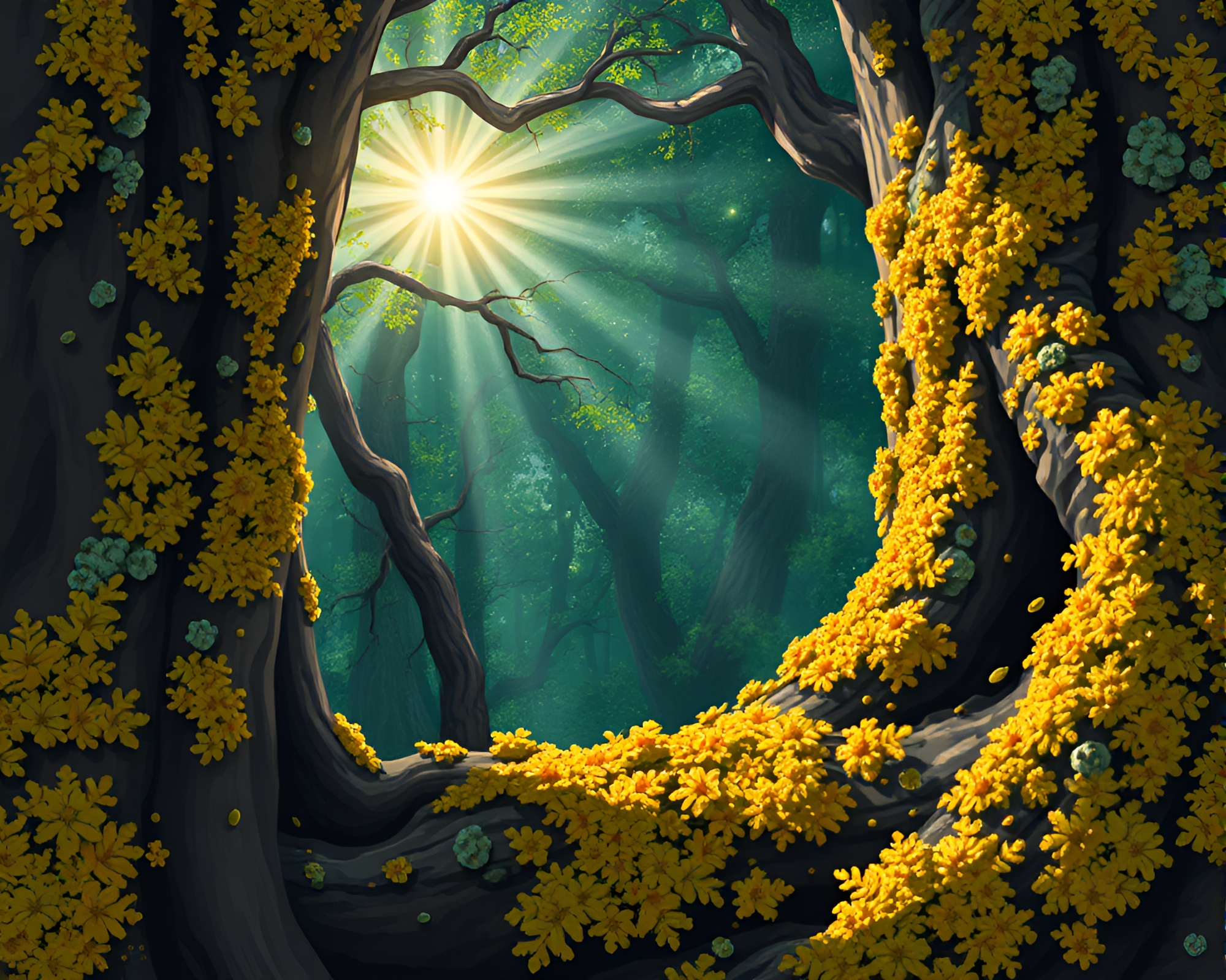 Enchanting Ancient Grove with Lichen Textures in Toon Style – free AI stock image