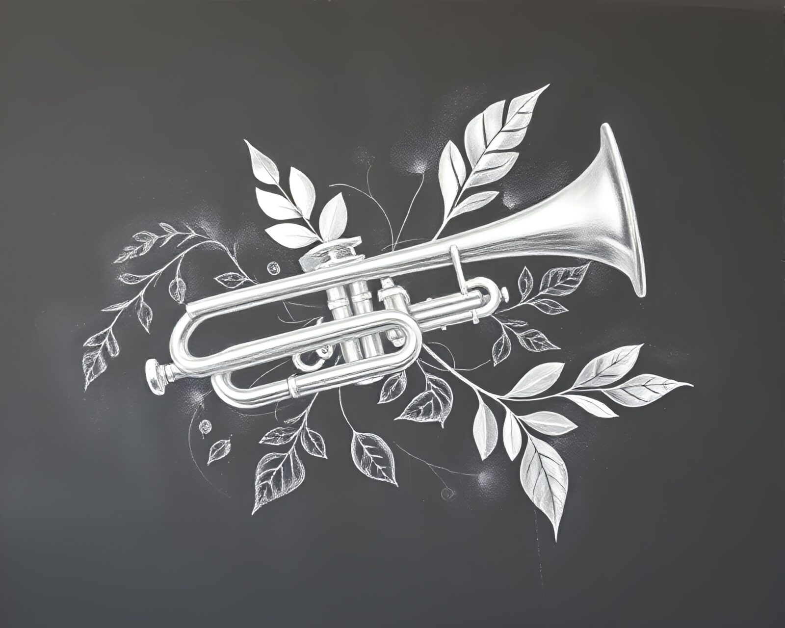 Elegant matte finish chalk drawing of a trumpet with silver leaves