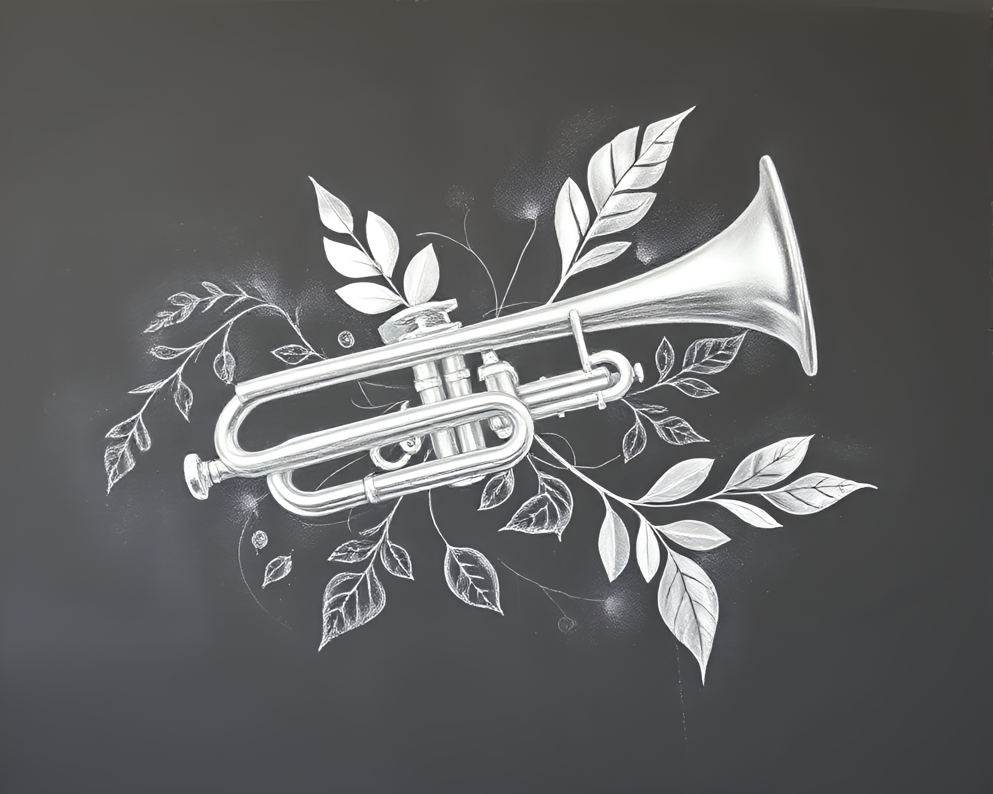 Trumpet Serenade with Silver Leaf Accents Chalk Drawing – free AI stock image