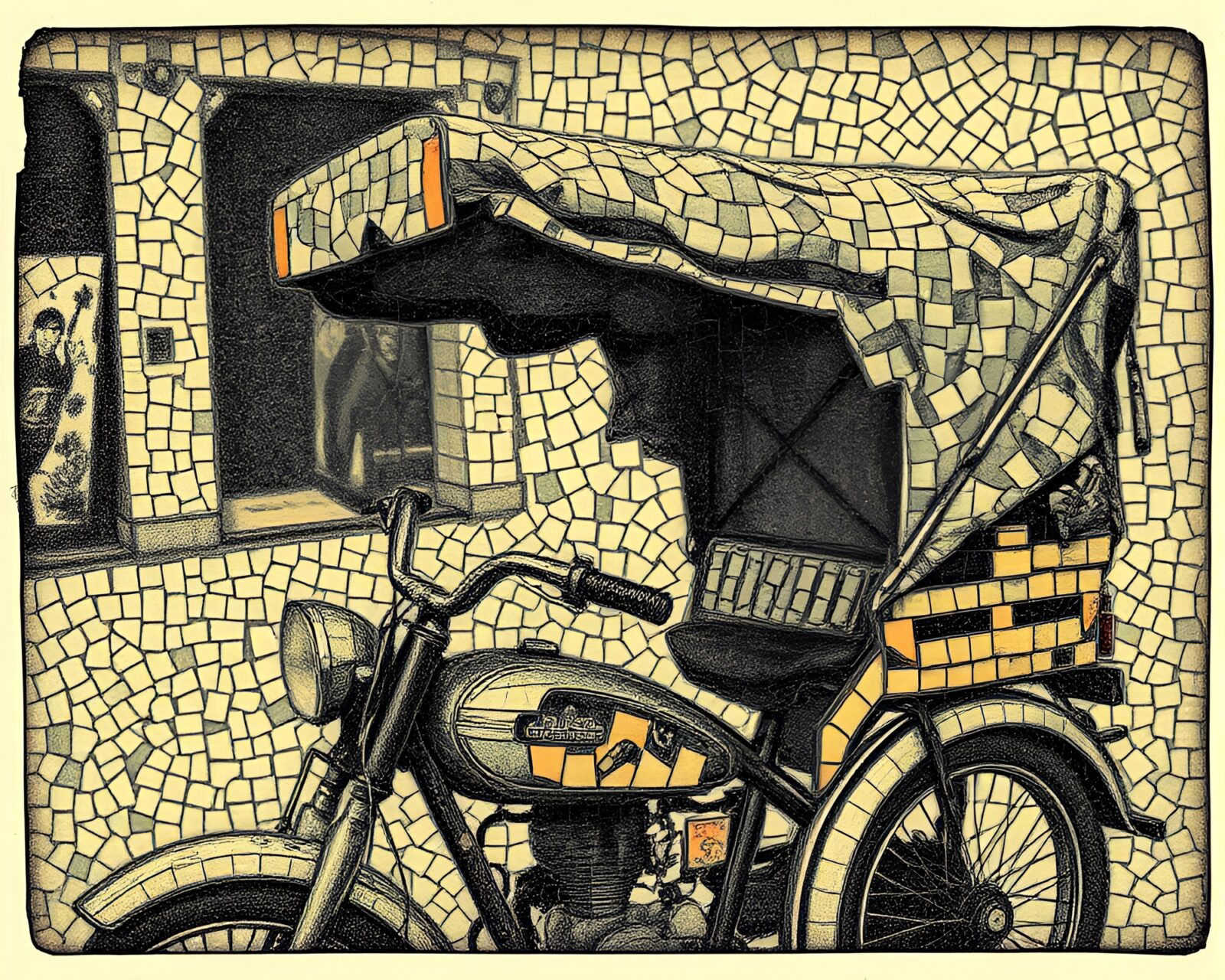 Broken mosaic pieces forming an elegant vintage rickshaw scene
