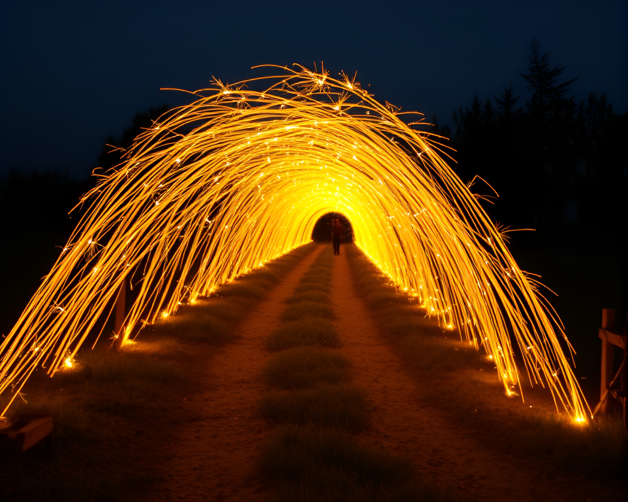Haunting Utopia: Mustard Sparkler Trails in Mirrored Realm – free AI stock image