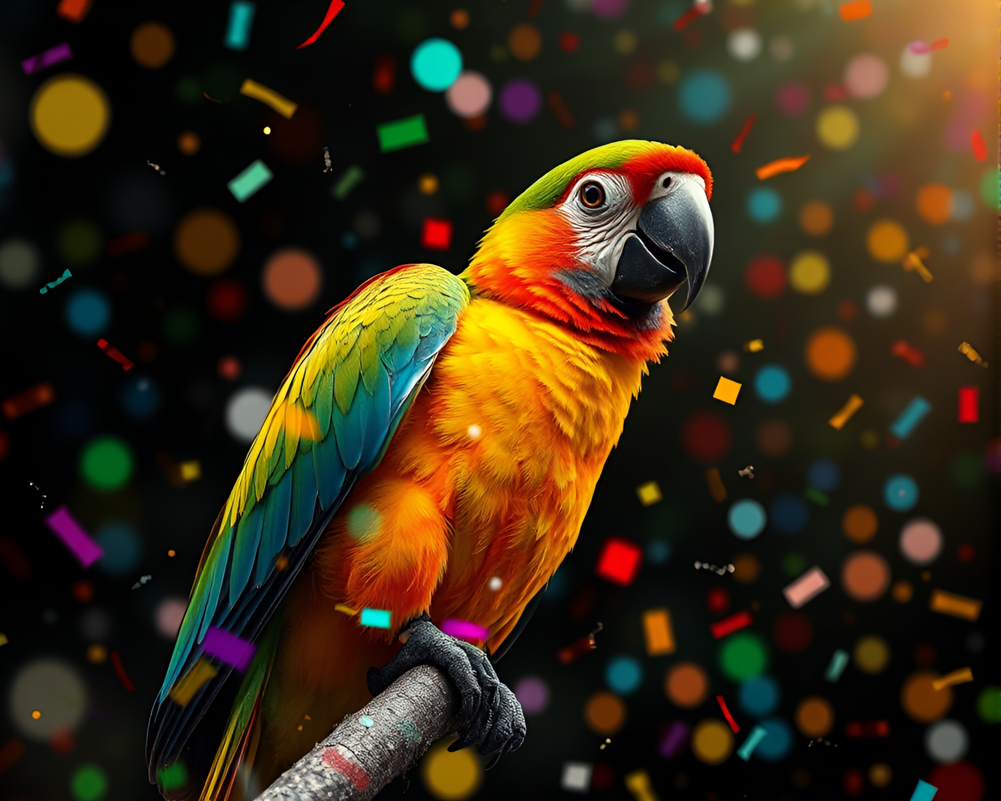 Tropical Parrot Confetti Burst in Particle Simulation Fantasy – free AI stock image