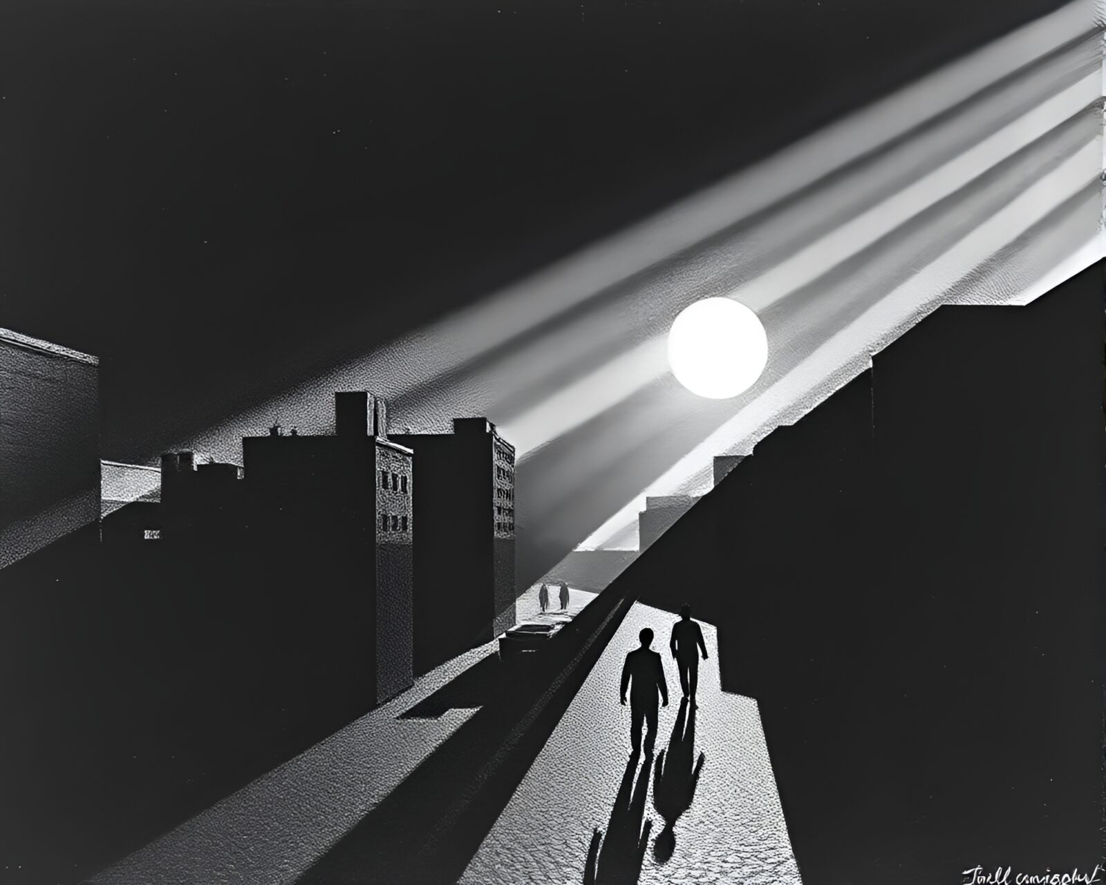 Detailed lithograph of a surreal mind palace with shadows