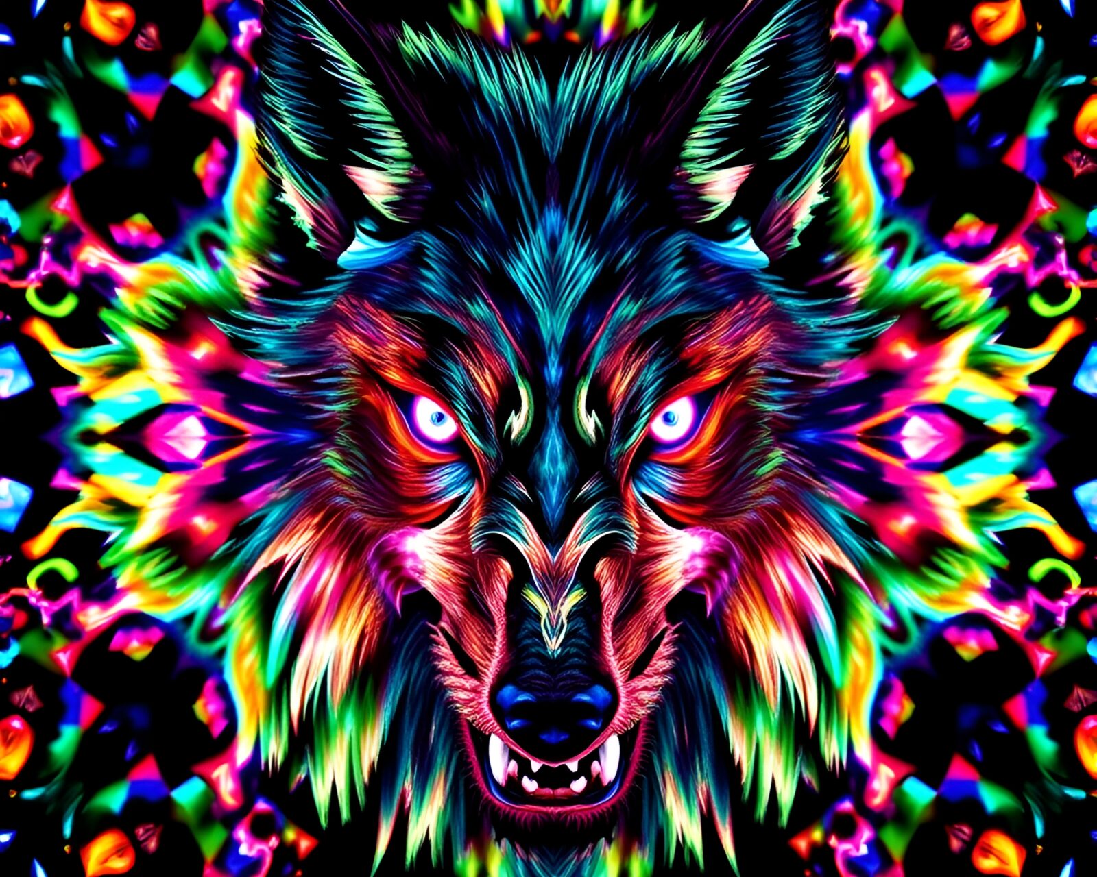 Colorful werewolf in holographic mosaic pattern with kaleidoscope effect