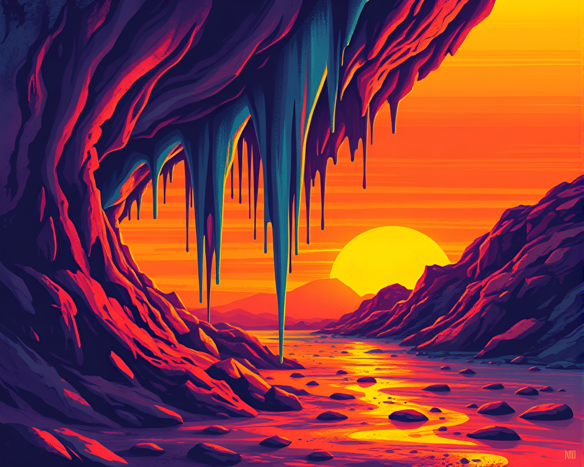 Glacial Cave Sunset Drips in 8-Bit Style – free AI stock image