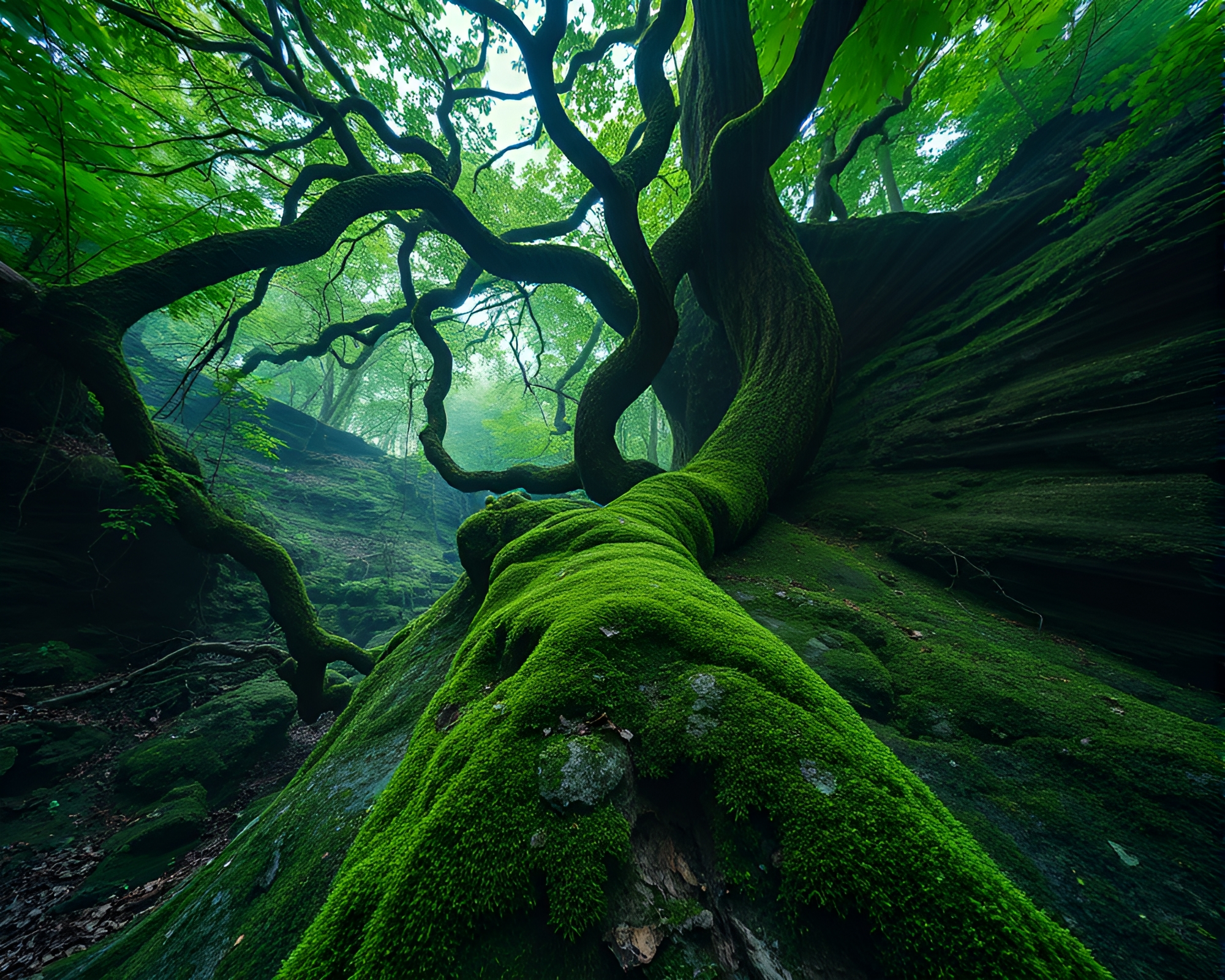 Moss-Covered Rock in Swirling Jungle Vortex – free AI stock image