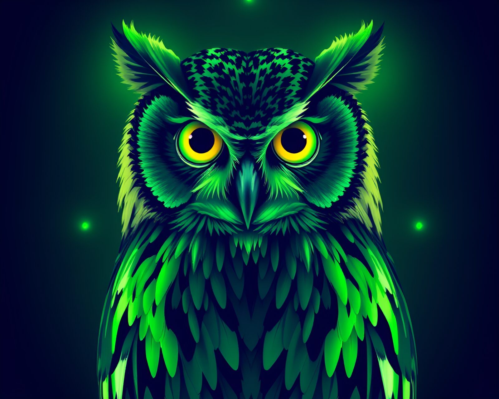 Colorful algorithmic owl art with emerald green highlights