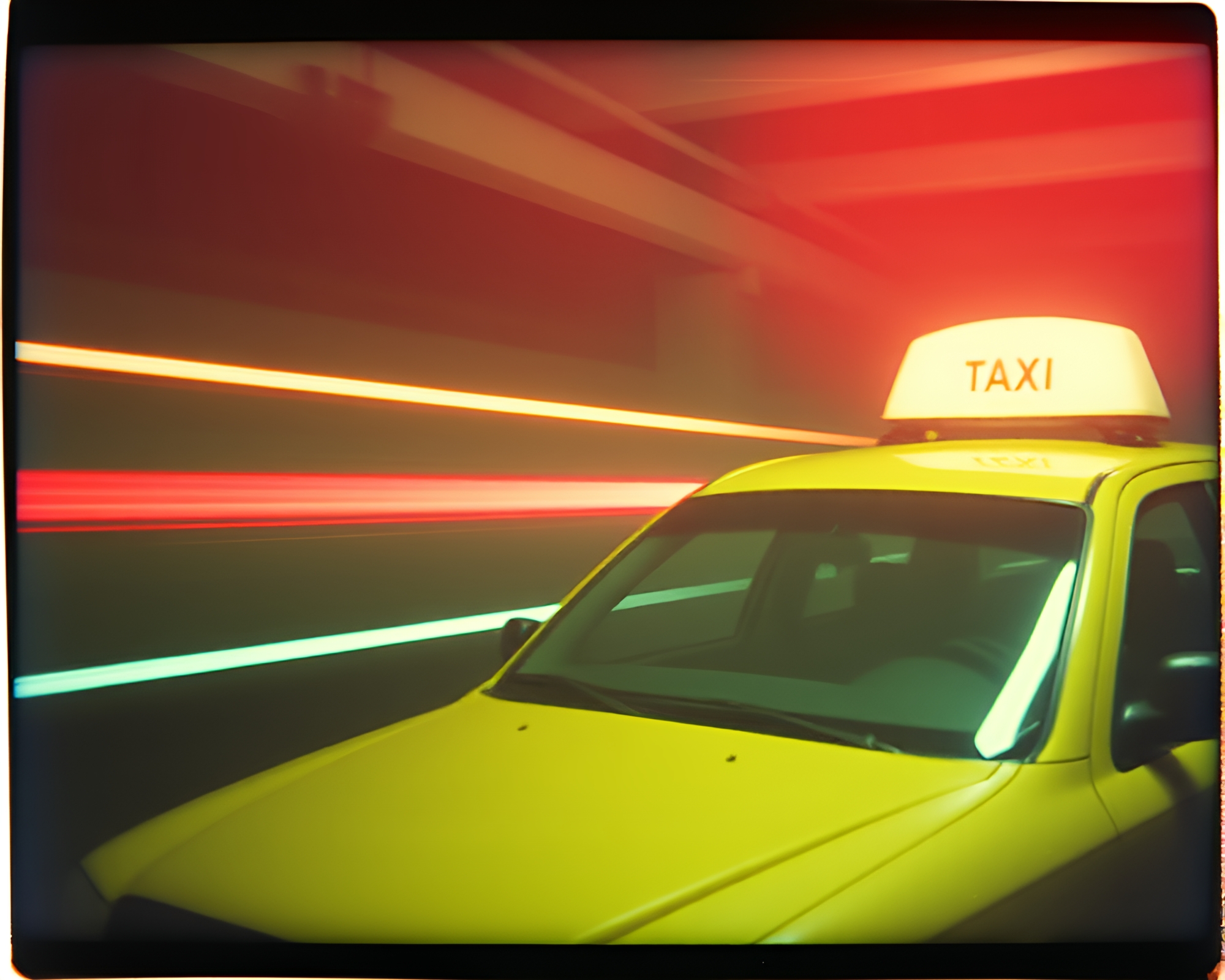 Urban Taxi Telescope Gloom in Polaroid Frame – free AI stock image